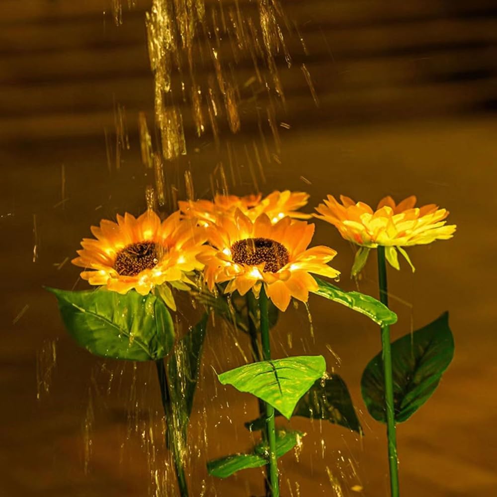 Guocheng Sunflower Solar Lights Outdoor Garden 2 Pack 4Flowers With Warm Led Light Solar Sunflower Stake Lights–Floral Outdoor Garden Decor For Patio Lawn Yard Pathway(Double)