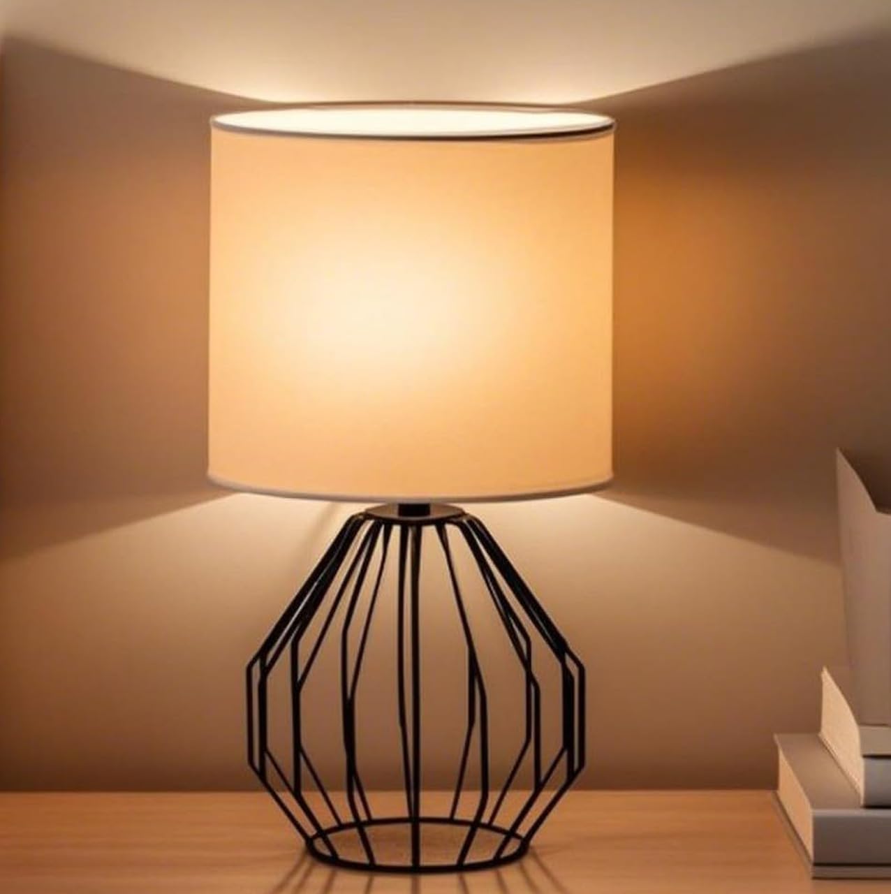 Krasty Small Black Table Lamp,Bedside Nightstand Desk Lamps With White Fabric Shade, Hollow Metal Base,Modern Geometric Lamp For Bedrooms,Living Room,Office,Entryway,Coffee Table,Kids Room