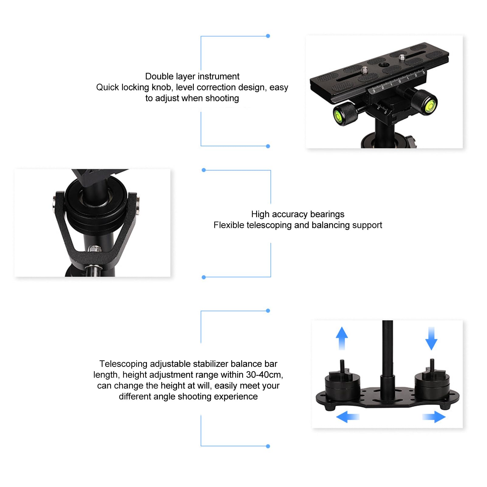 Goshyda Slr Handheld Camera Stabilizer With Shock Absorption, Aluminum Alloy, 360 Degree Rotation, Quick Locking Knob, Telescoping Balance Bar