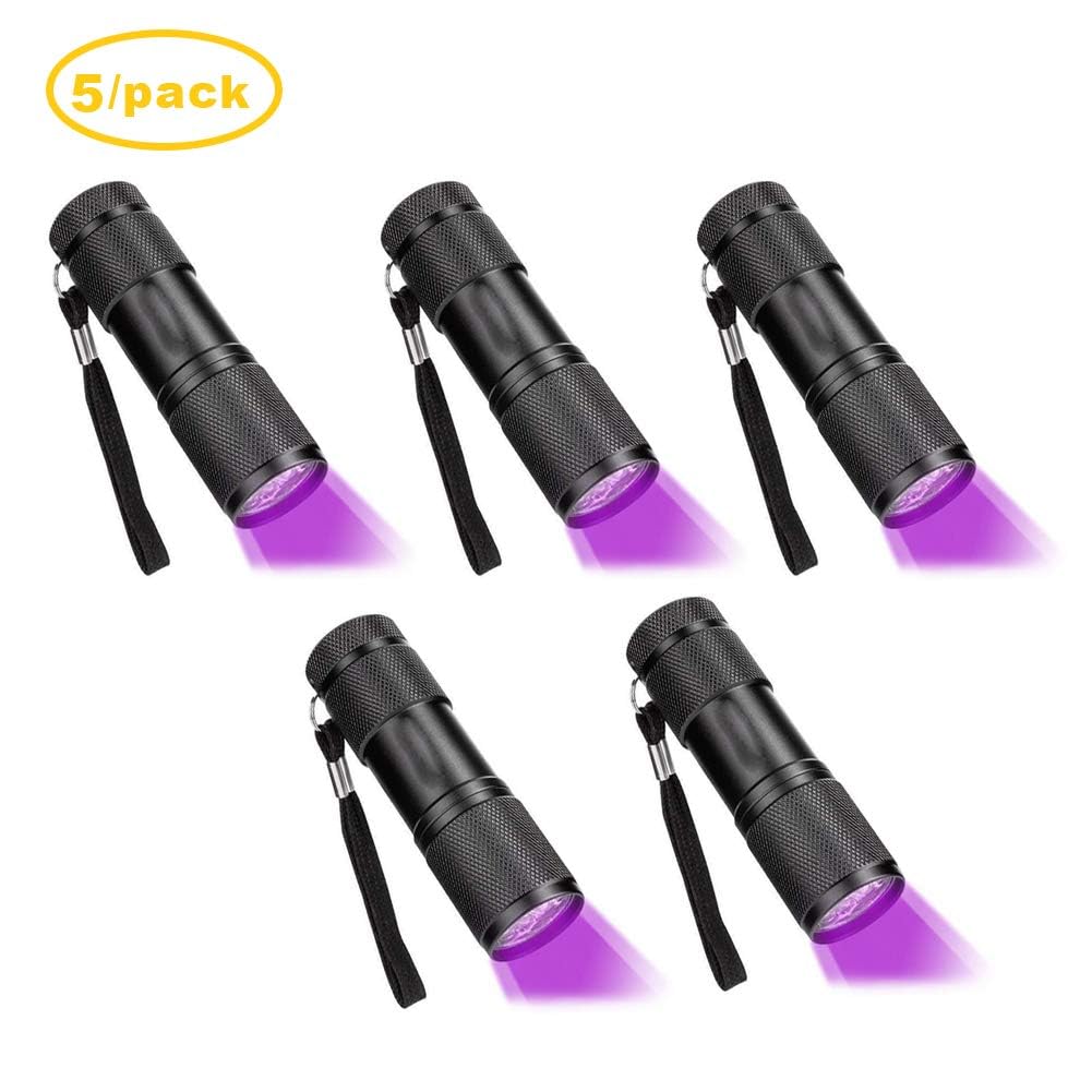 Cfikte Uv Led Flashlight Black Light Uv Lights 9 Led Ultraviolet Blacklight Flashlights Pets Urine And Stains Detector On Clothes Carpet Rugs (5 Pack)