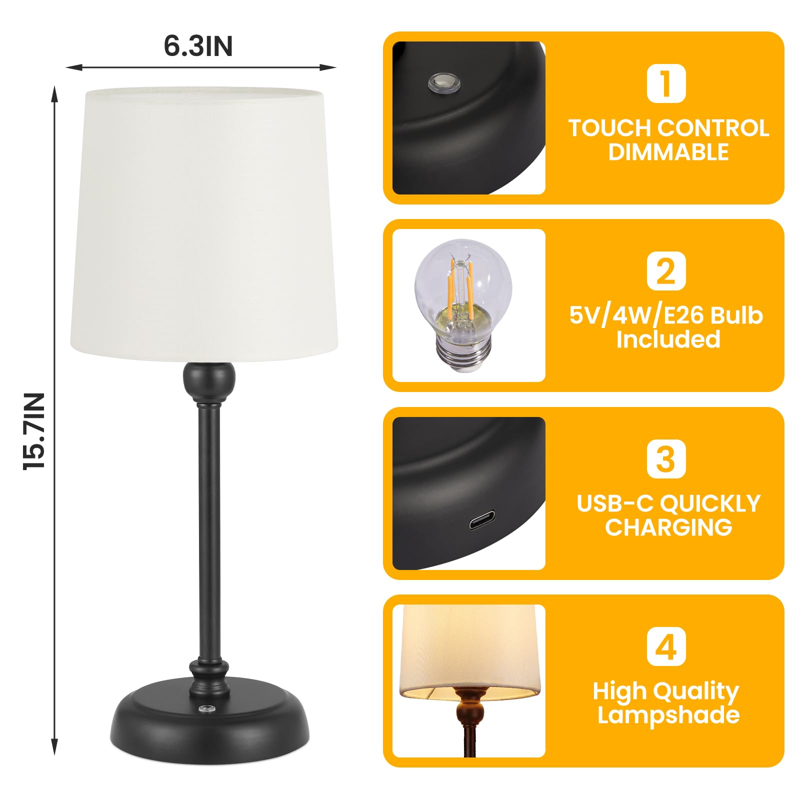 Kanweis Cordless Led Table Lamp, 6000Mah Rechargeable Battery Small Portable Bedside Lamp, Touch Stepless Dimmable Patio Ambient Table Light For Restaurant Office Bedroom(Black, High)