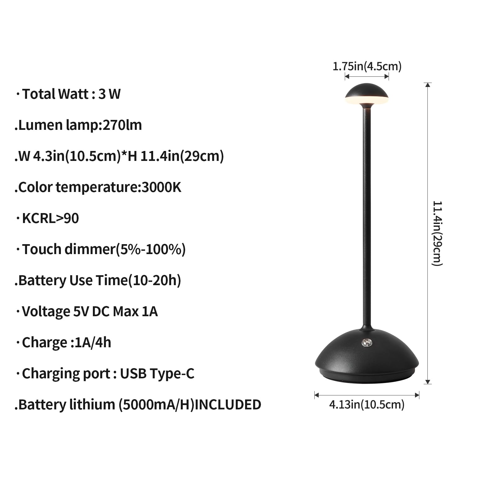 Nuanshued Rechargeable Acrylic Shade Led Table Lamp, 5000Mah Battery, 2-Level Dimmable, Black, Cordless For Bedside & Patio