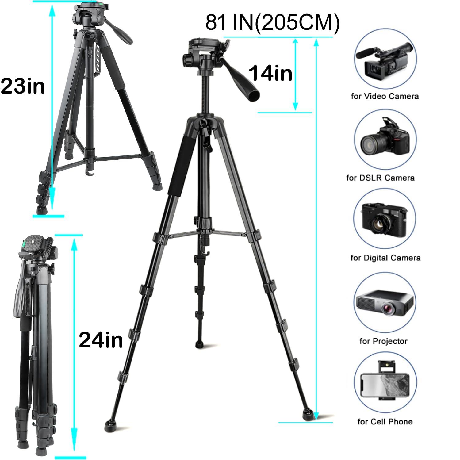 Yotetion 81" Aluminum Phone & Camera Tripod, Extendable Cell Phone Tripod Stand Compatible With Iphone/Android/Action Camera Is Perfect For Live Streaming/Video Recording/Selfies