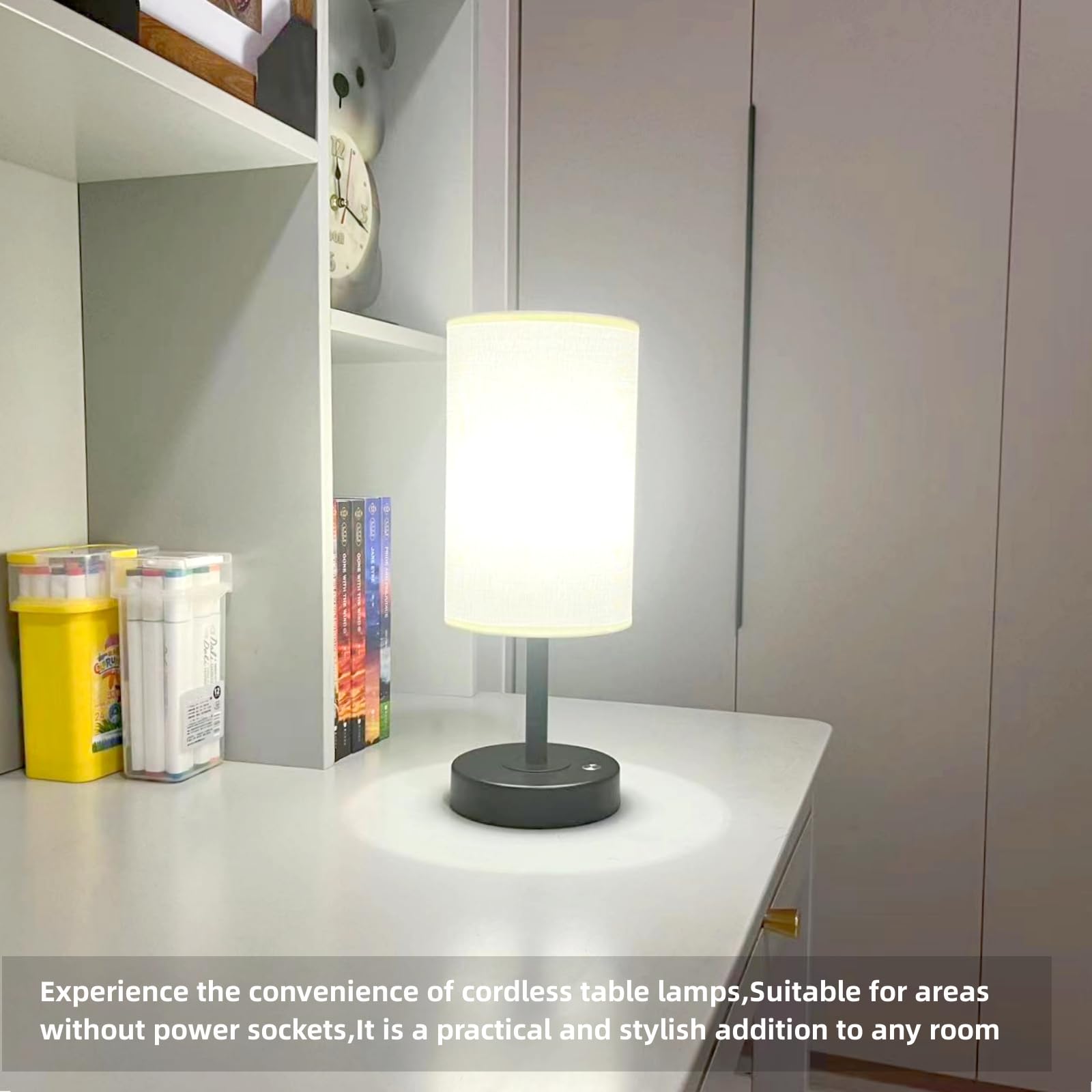 Madckdedrt Cordless Led Table Lamp With Dimmer,Built-In Rechargeable Battery,Fabric Shade,Stepless Dimming,Suitable For Bedroom, Living Room, Dining Room, Patio Lighting,Black