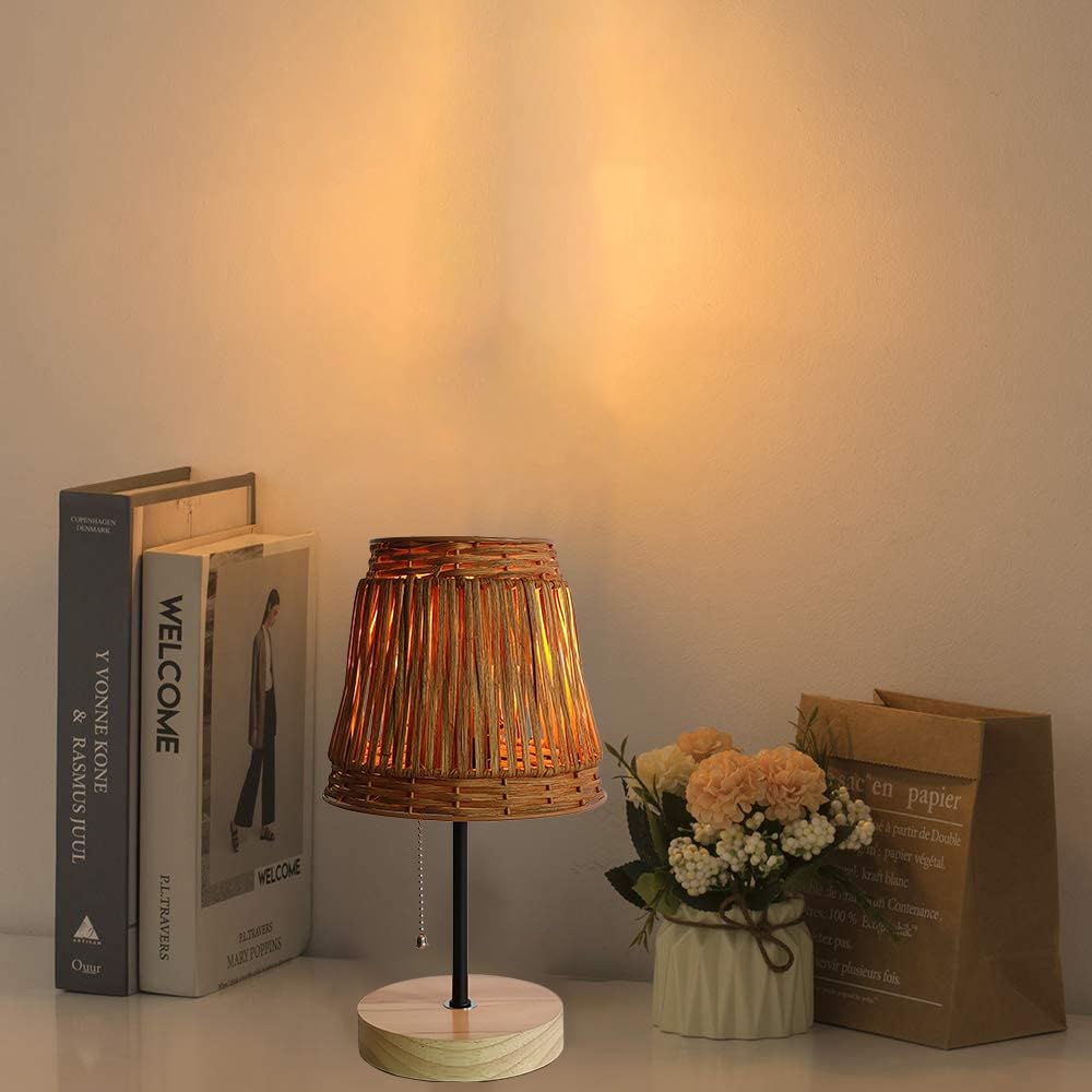 Pakuyhou Handmade Boho Rattan Bedroom Small Table Lamp,With Brown Rattan Lamp Shade (Brown) With Pull Chain Lamp Holder,E26 Bulb Included