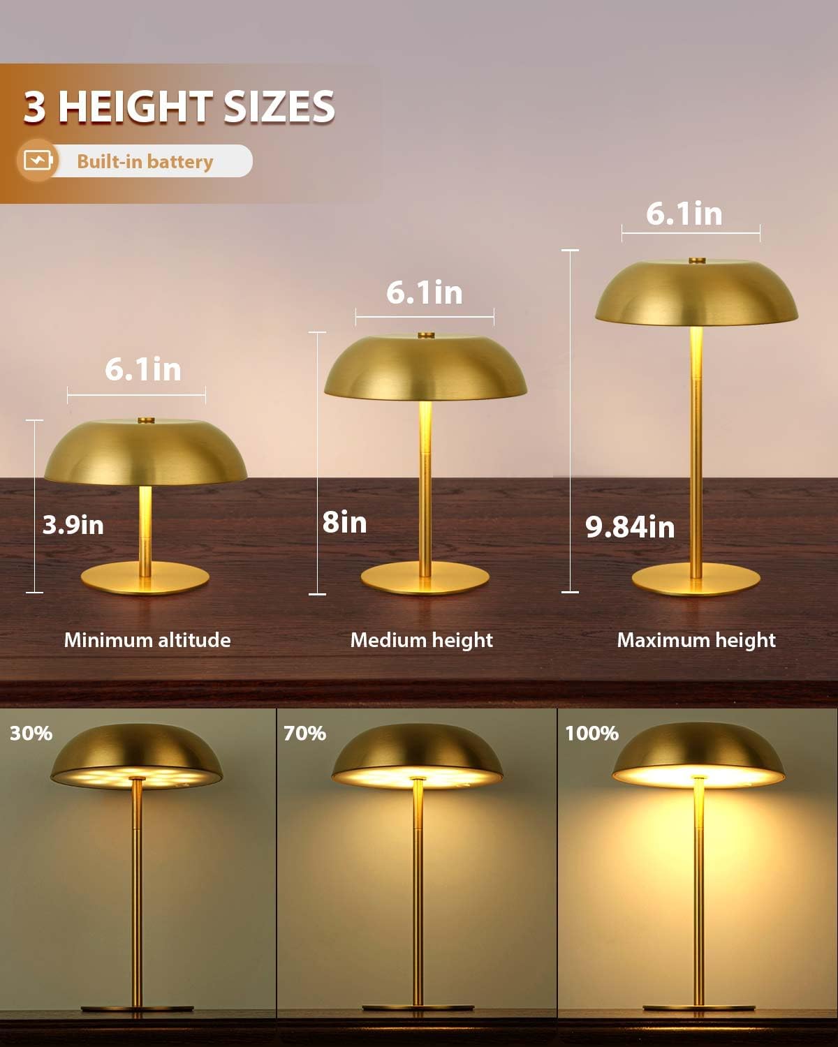 Brasslism Gold Cordless Table Lamp – Rechargeable Touch Lamp With 3-Color Dimming & Adjustable Height，Battery Powered Lamp For Bedside, Bar, Desk, Outdoor Patio,Restaurant，Modern Luxury Decor