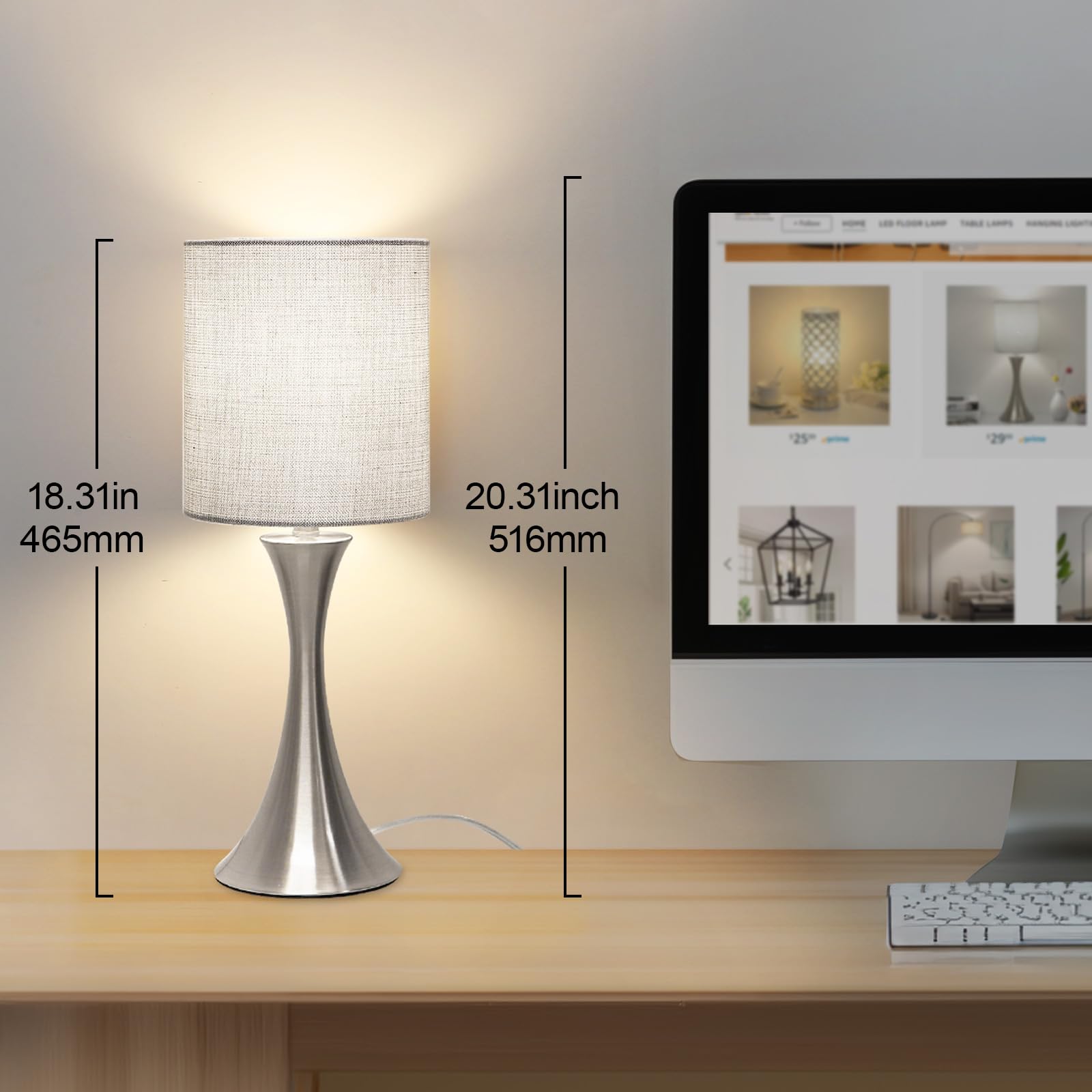 Seaside Village 3 Way Touch Control Table Lamp, Dimmable Bedside Desk Lamp With Metal Base Modern Nightstand Lamp Stylish Grey Shade Simple Side Table Lamp For Bedroom, Living Room, Office Or Den Led Bulb Included
