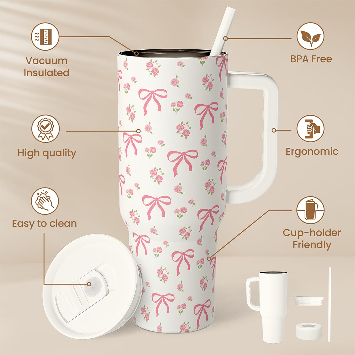 Sandjest Bow Tumbler With Handle 40Oz, Stainless Steel Insulated Tumblers Coffee Travel Cup