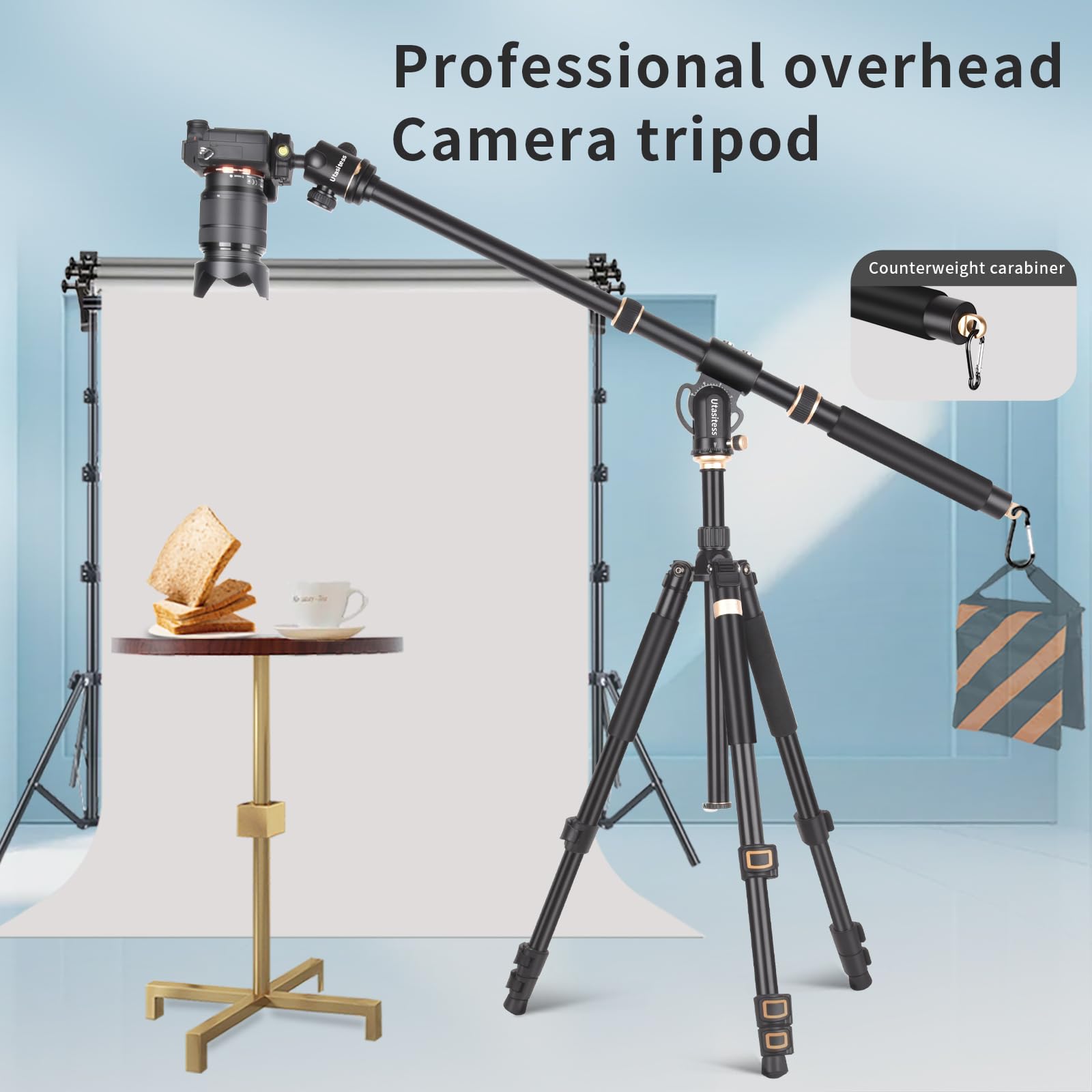 Utasitess 86.6 Inch Camera Tripod Monopod With Center Column And Ball Head Aluminum, Arca Type Qr Plate,Horizontal Overhead Tripod For Dslr Camera Video Camcorder, Heavy Duty Max Load: 27Lb