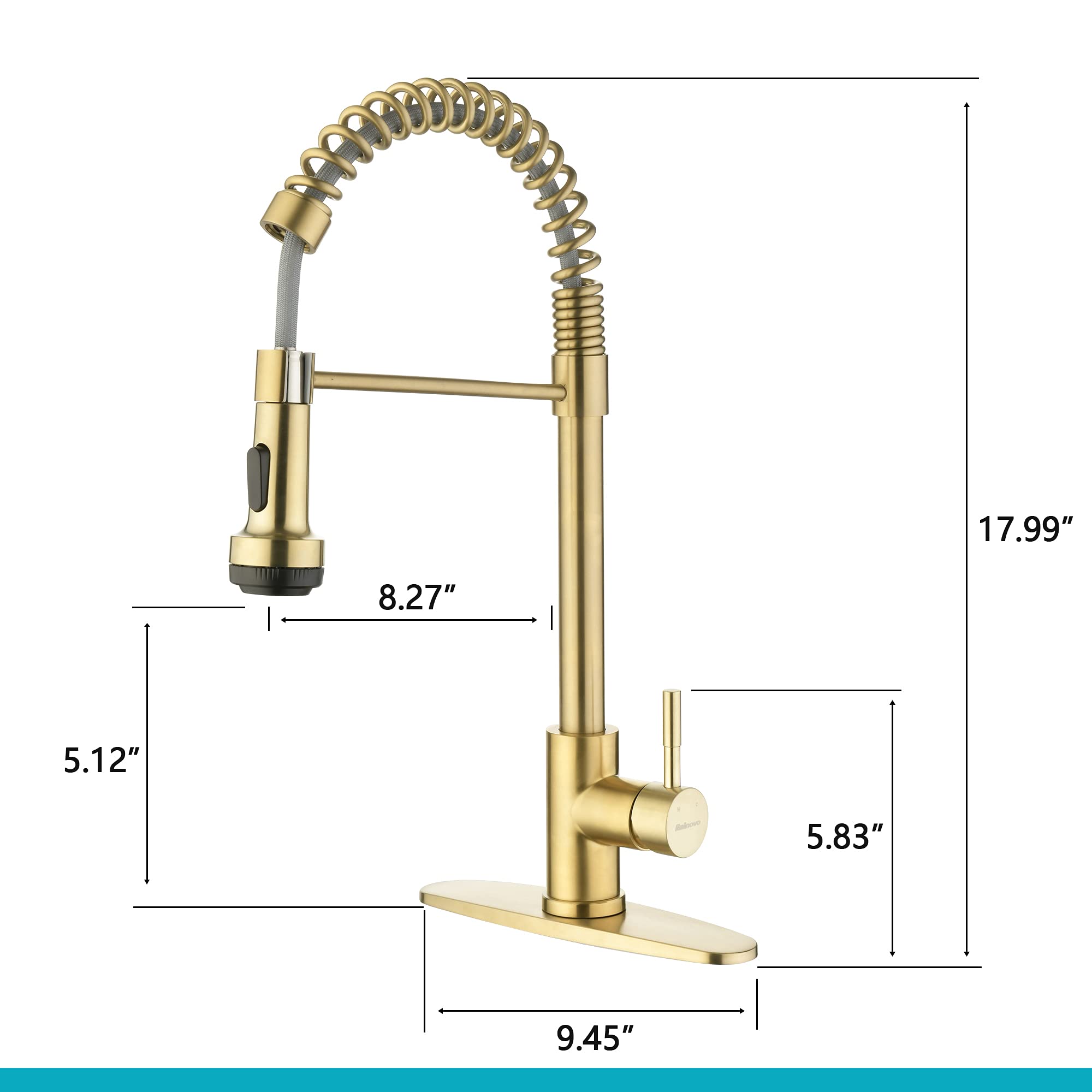 Rainovo Kitchen Faucet With 4 Mode Pull Down Sprayer Brushed Gold, Spring Kitchen Sink Faucet Stainless Steel With Deck Plate, Single Handle Faucets High Arc Modern With Pull Out Sprayer