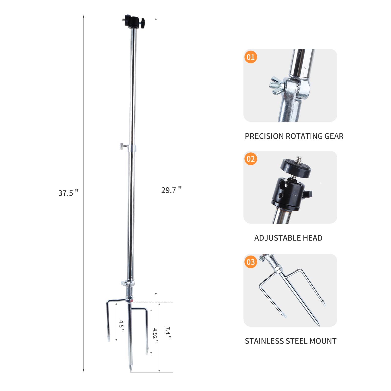 Manifish 1 Pack Trail & Game Camera Mount Stand Thick Foldable Stainless Ground Rod 360° Adjustable Universal Thread Connection 1/4''-20 (6 Mm) For Trail Camera Deer Cam Accessories/Hunting Trail Camera Stake