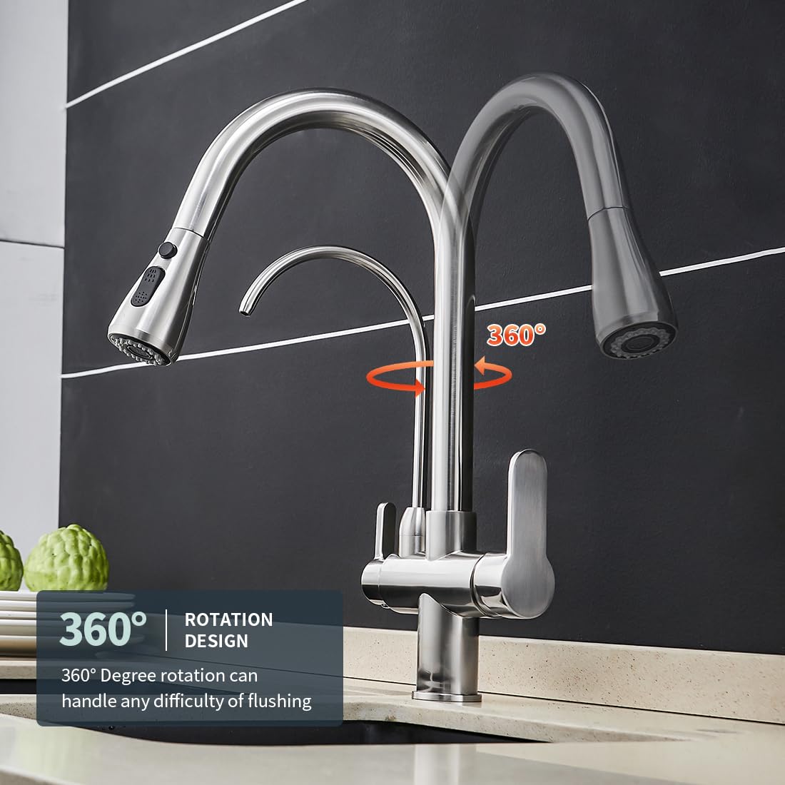 Wanfan Kitchen Sink Faucet With Pull Down Sprayer 2 Handle 3 In 1 Water Filter Purifier Faucets Brushed Nickel 0195Sn
