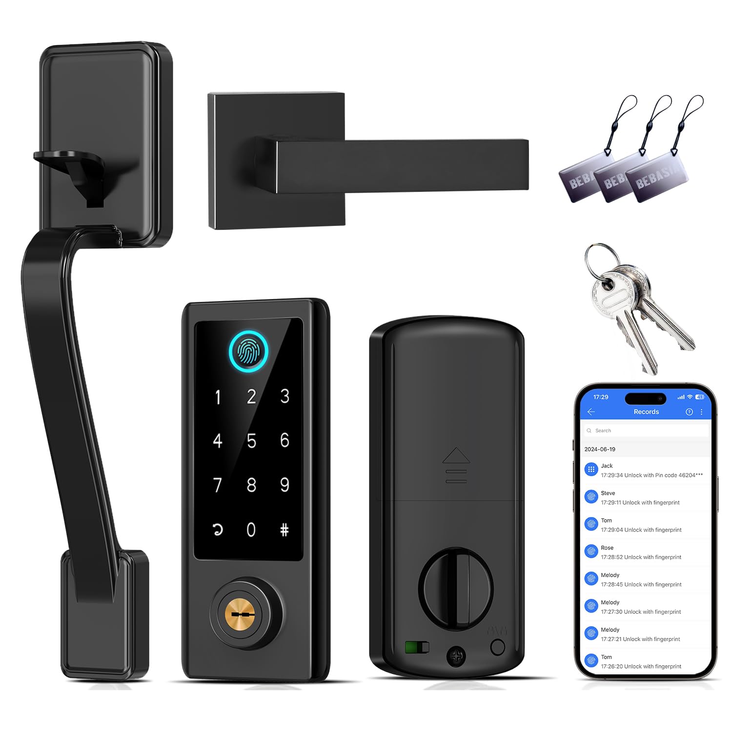 Bebasia Fingerprint Door Lock For Front Door With Handle Set, App Control, Smart Keyless Entry Digital Electronic Keypad Touchscreen Deadbolt, Easy Install, Auto Lock, Black