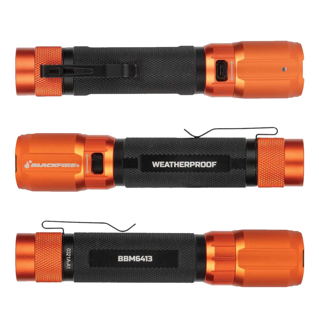 Blackfire Klein Tools Outdoors - Rechargeable 2-Color Led Weatherproof Flashlight Bbm6413, 1000 Lumens, Holster And Usb-C Cable Included, Red Led, Spotlight, And Flood Light, For Outdoor Use