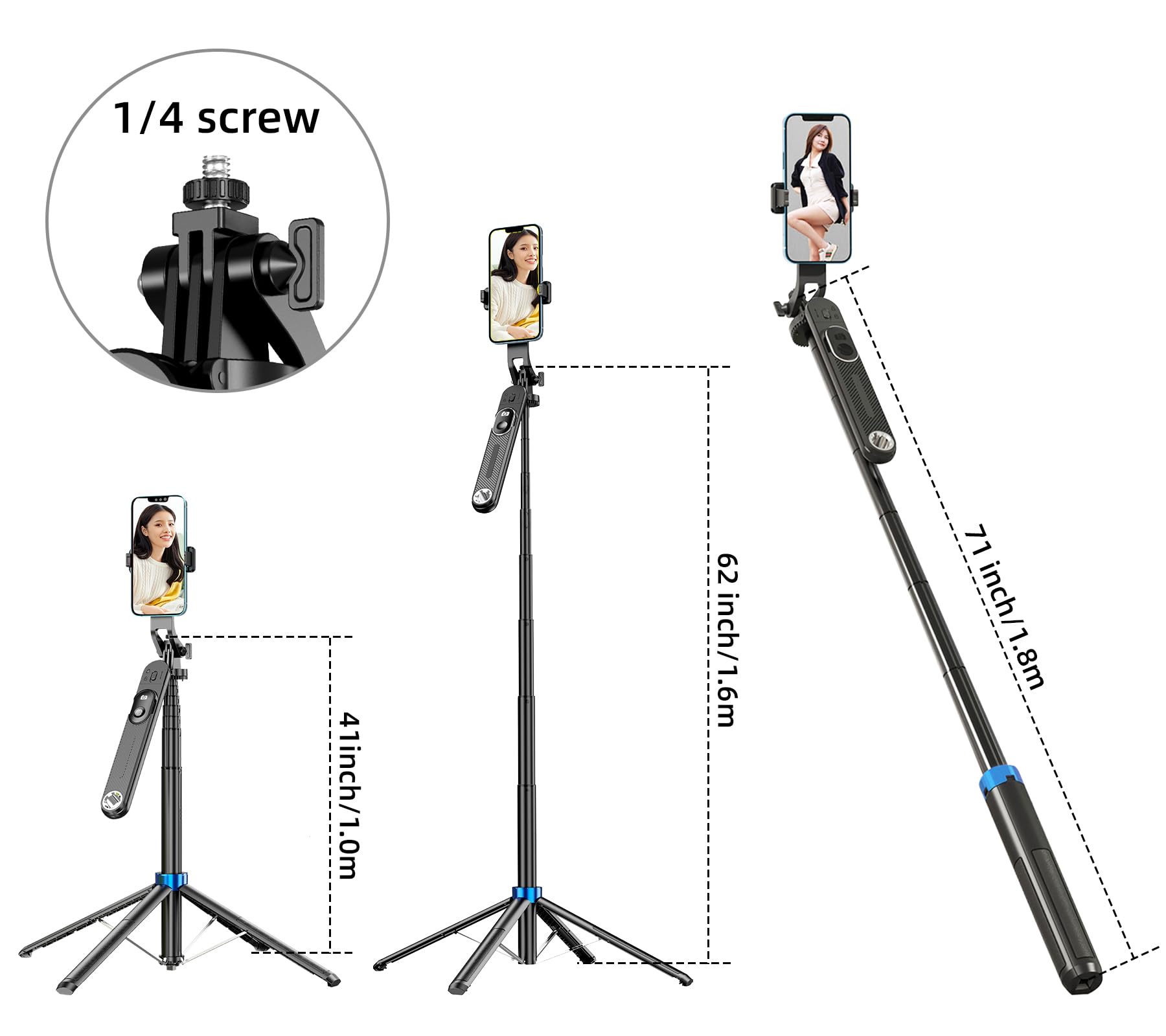 Nptcl 71” Professional Tripod Selfie Stick - Extendable Phone Tripod Stand Quadrapod With Bluetooth Remote For Iphone 15 Android Phones