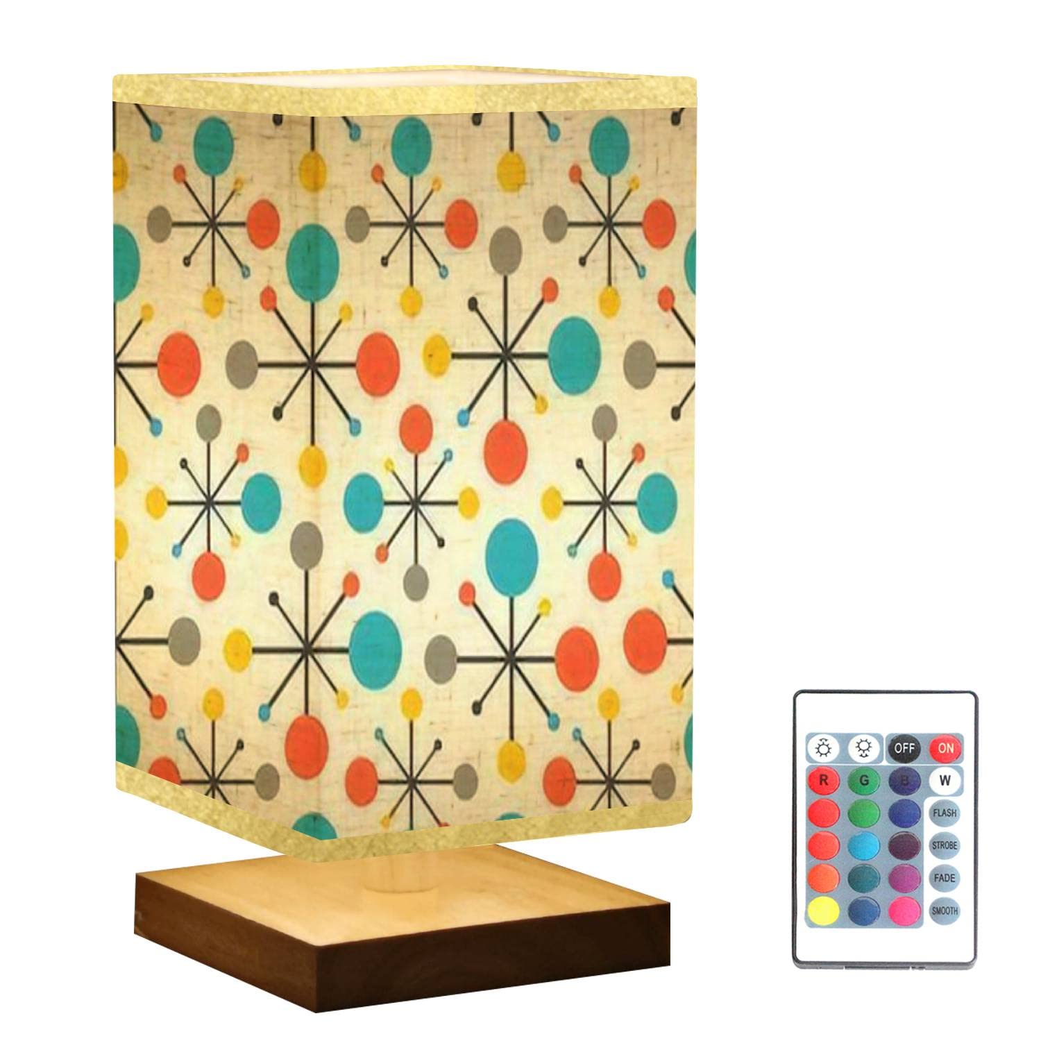 Svjklajfpi Square Bedside Table Lamp Mid Century Fifties Modern Atomic Retro Colors Seamless Wooden Base Fabric Shade Dimmable Nightstand Desk Lamp Living Room