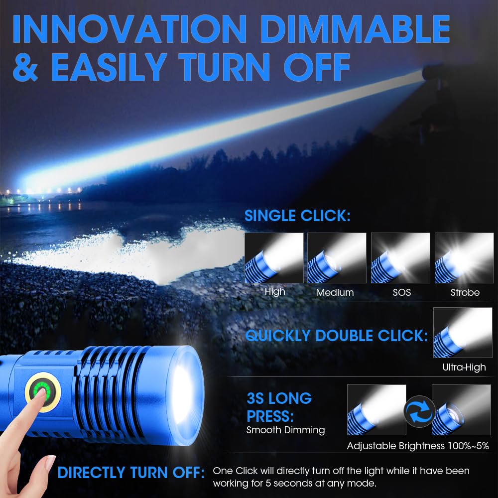 Spriak Rechargeable Flashlight High Lumens, 12000 High Lumens Super Bright Flash Light, 1500 Meter Long-Range Zoomable Led Flashlights For Emergency, Edc, Searching, Waterproof Flashlight Dimmable Blue Pcs