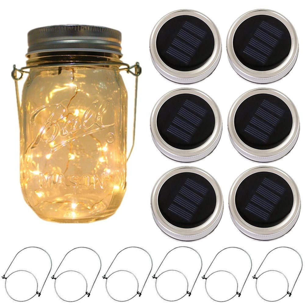 Chbjdan 6-Pack Solar-Powered Mason Jar Lights 20 Leds (6 Hanger Included / No Jar),Warm White Glass Waterproof Fairy Hanging Lighting,Outdoor String Lids For Regular Mouth Jars For Patio Lamp Decor