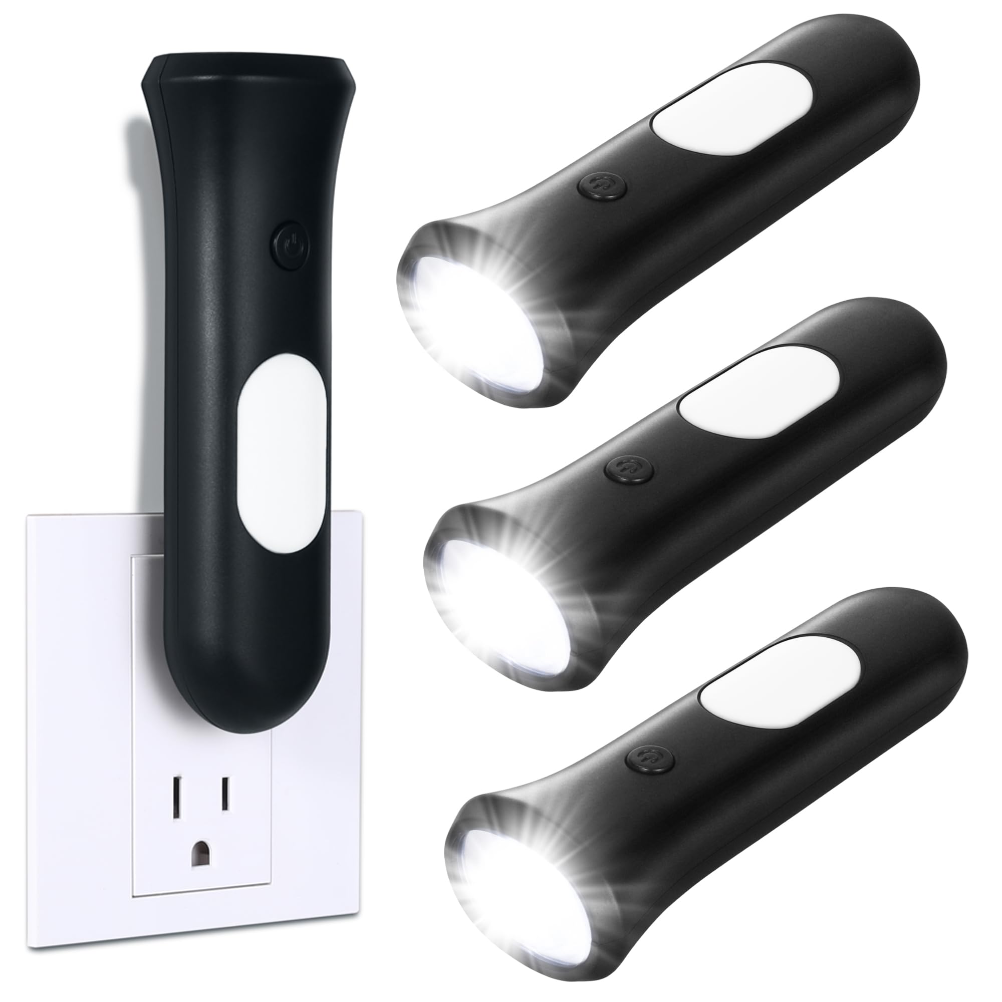 Rossex 4 In 1 Emergency Power Failure Lights For Home, 3 Pcs Rechargeable Led Flashlight, Automatic Turn-On Power Outage Light Plug In Wall For Snow Storm Weatheready, Black