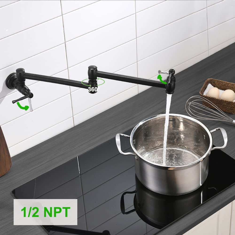 Boomhoze Matte Black Pot Filler Faucet, Commercial Folding Wall Mount Stove Kitchen Sink Faucet With Double Joint Swing Arms Single Hole Hot/Cold Water