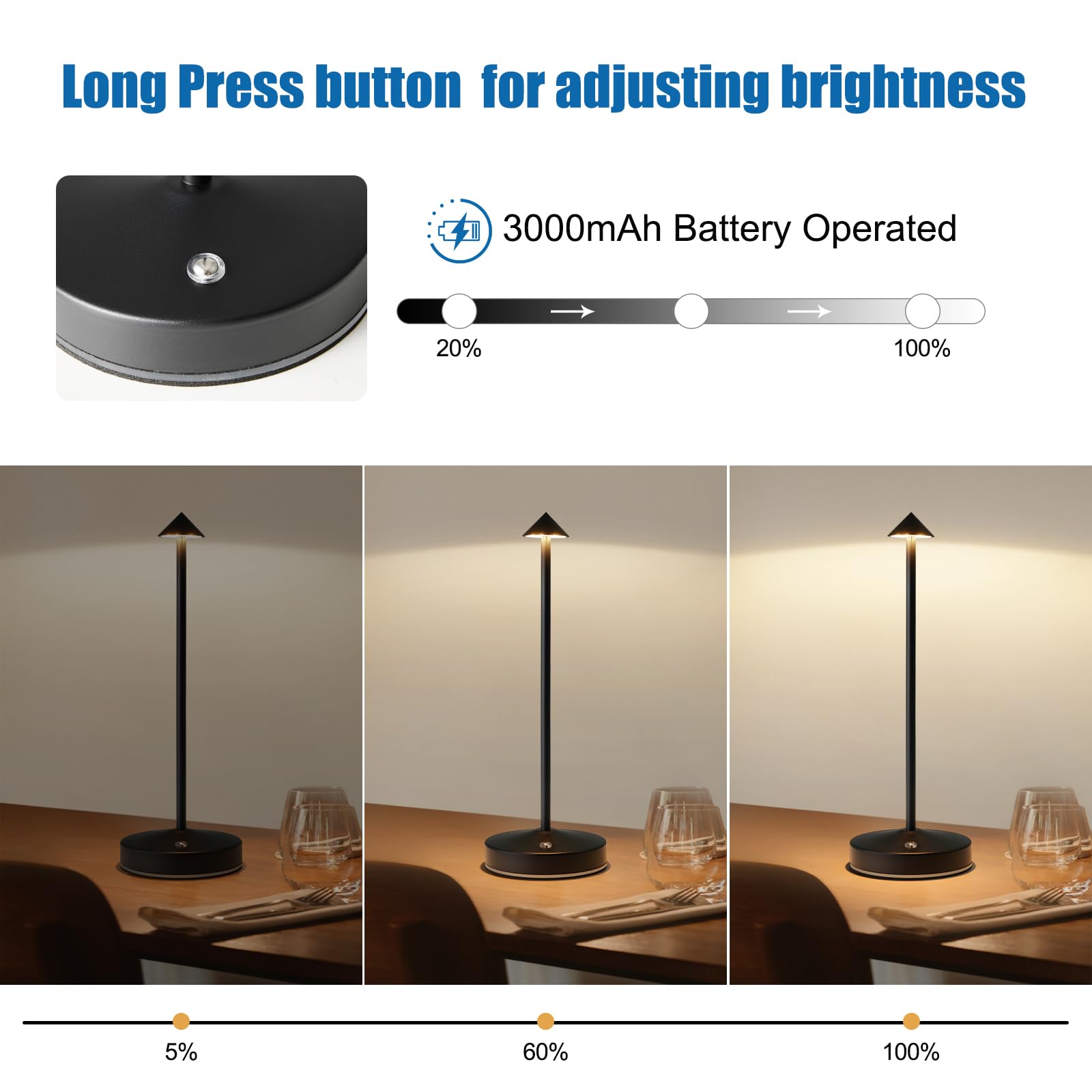 Kpshine Rechargeable Table Lamp Cordless,3000 Mah Battery Powered Lamp 2 Level Dimmable Table Lamps Mini Table Lamp In Aluminium 3000K Touch Lamp Cordless Table Lamps For Indoor & Outdoor (Black)
