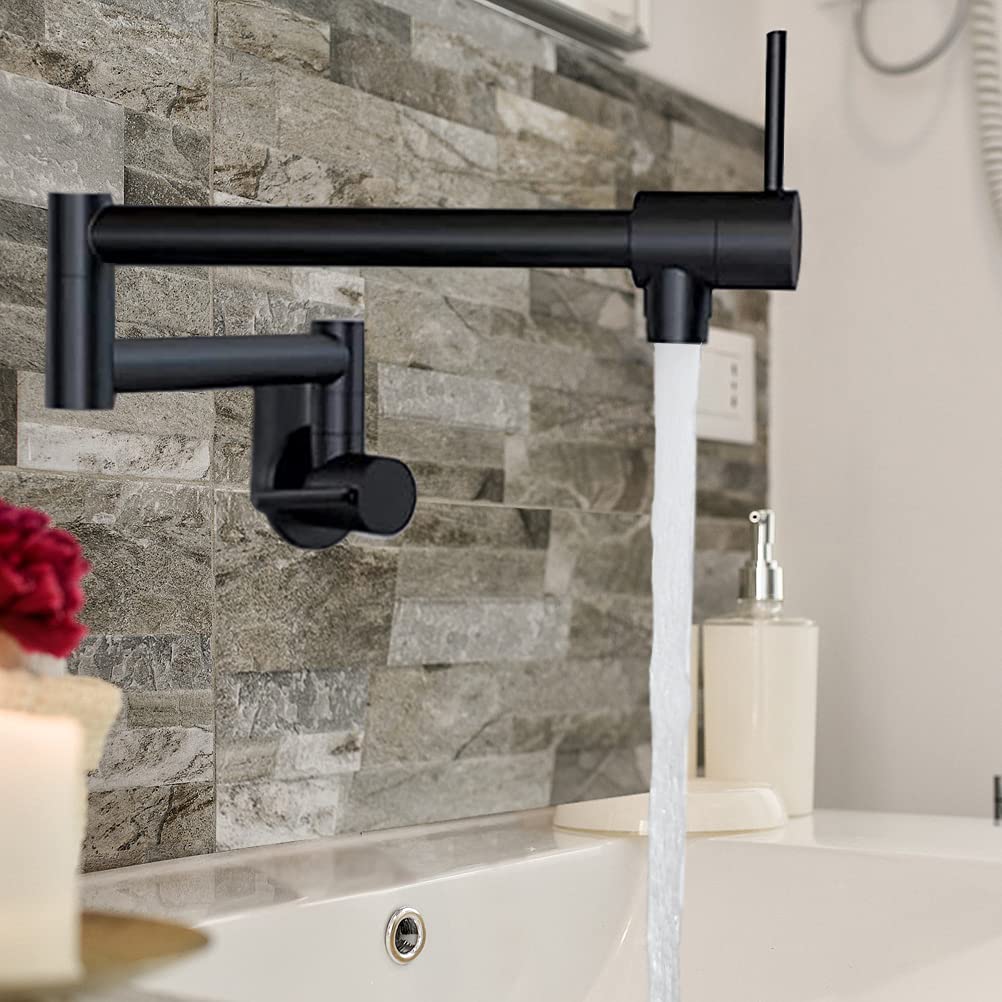 7Trees Kitchen Pot Filler Faucet Lead- Brass Double Joint Swing Arm Folding Sink Faucet Articulating Wall Mount Two Handle (Matte Black)
