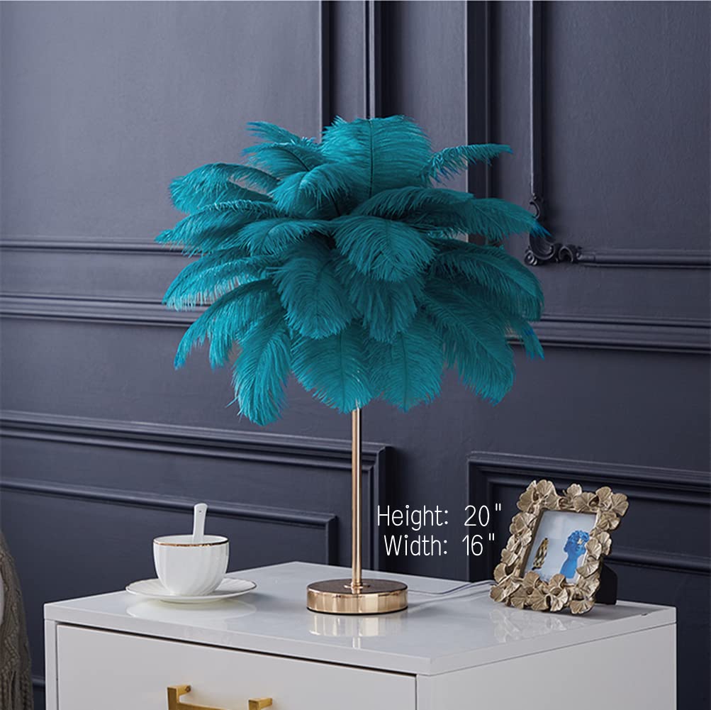 Lincwonz White Ostrich Feather Lamp,3-Color Temperature Modes,40 Feathers And 5 G4 Led Light Bulbs,Pink Lamp For Girl'S Bedside,Golden Base (Blue-Green)