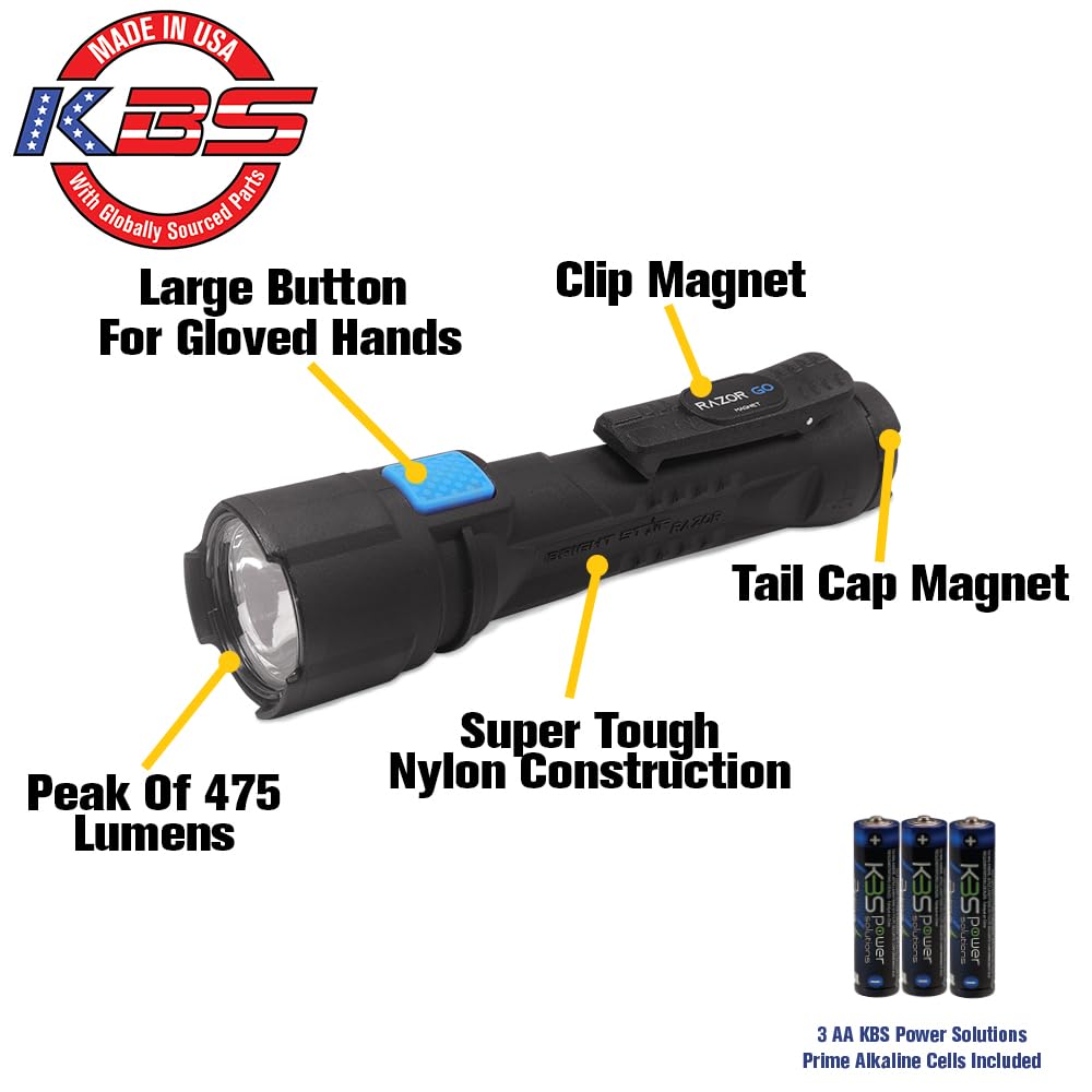 Koehler Brightstar Bright Star Razor Go All-Purpose Led Flashlight – 21,000 Candela Beam, 24-Hour Runtime, Magnetic Hands- Base – Heavy-Duty Utility Light With Aa Batteries Included – Made In Usa