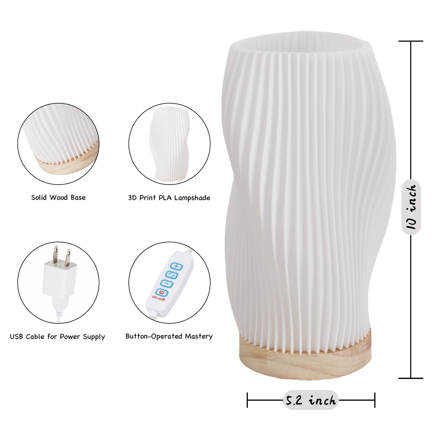 Wxrhiyer Bedroom Table Lamp With Wooden Base - Adjustable 3 Light Modes,3D Printed Lampshade Modern Nightstand Lamp,Suitable For Living Room,Desk (Curve)
