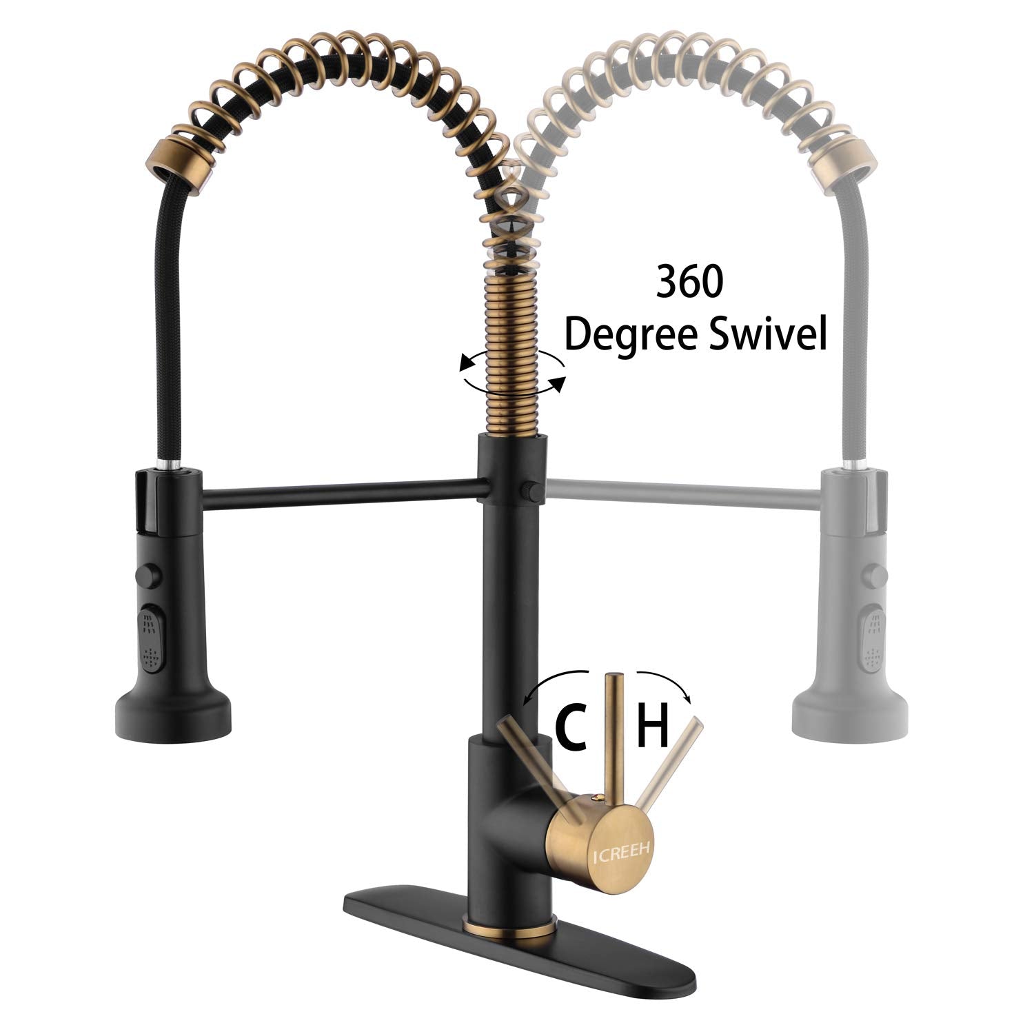 Icreeh Matte Black And Gold Kitchen Faucet,Black And Gold Kitchen Faucet With Pull Down Sprayer Commercial Single Handle Spring For Kitchen Sink,Matte Black & Gold
