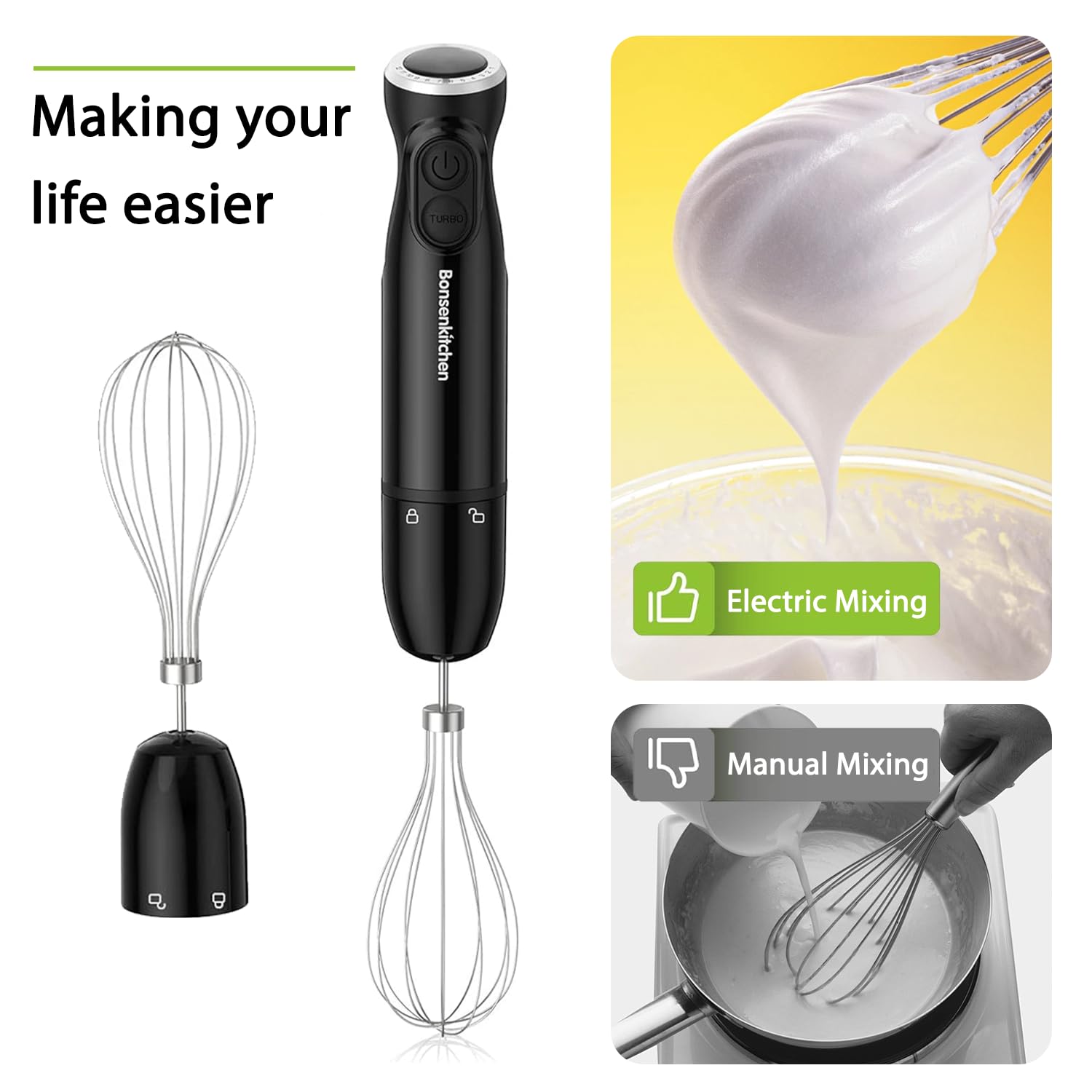 Bonsenkitchen Immersion Blender, 12-Speed & Turbo, Electric Stick Blender With Sharp Blades, Egg Whisk, 24Oz Beaker, Perfect For Soups, Smoothies, Sauces, Easy Clean, Versatile