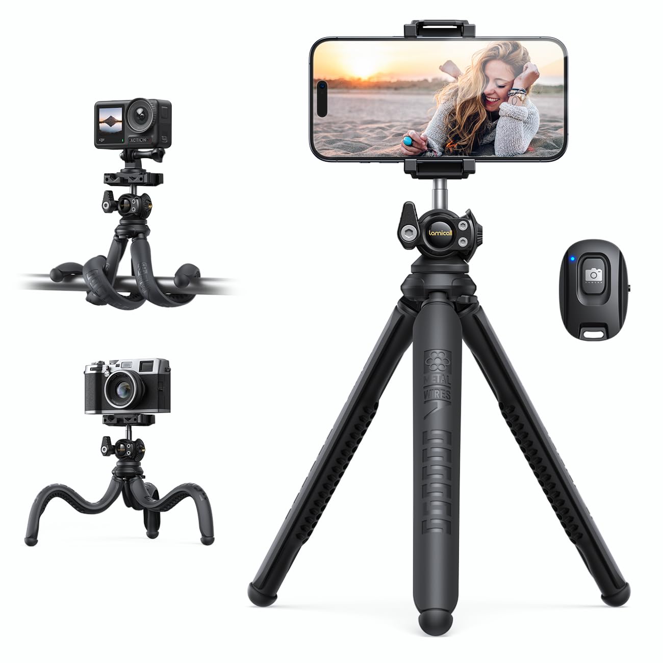 Lamicall Tripod For Iphone - 3 In 1 Flexible Phone Tripod With Wireless Remote - Iphone Tripod Stand For Video Recording Vlogging Selfie Compatible With Iphone Samsung Go Pro, Digital Camera