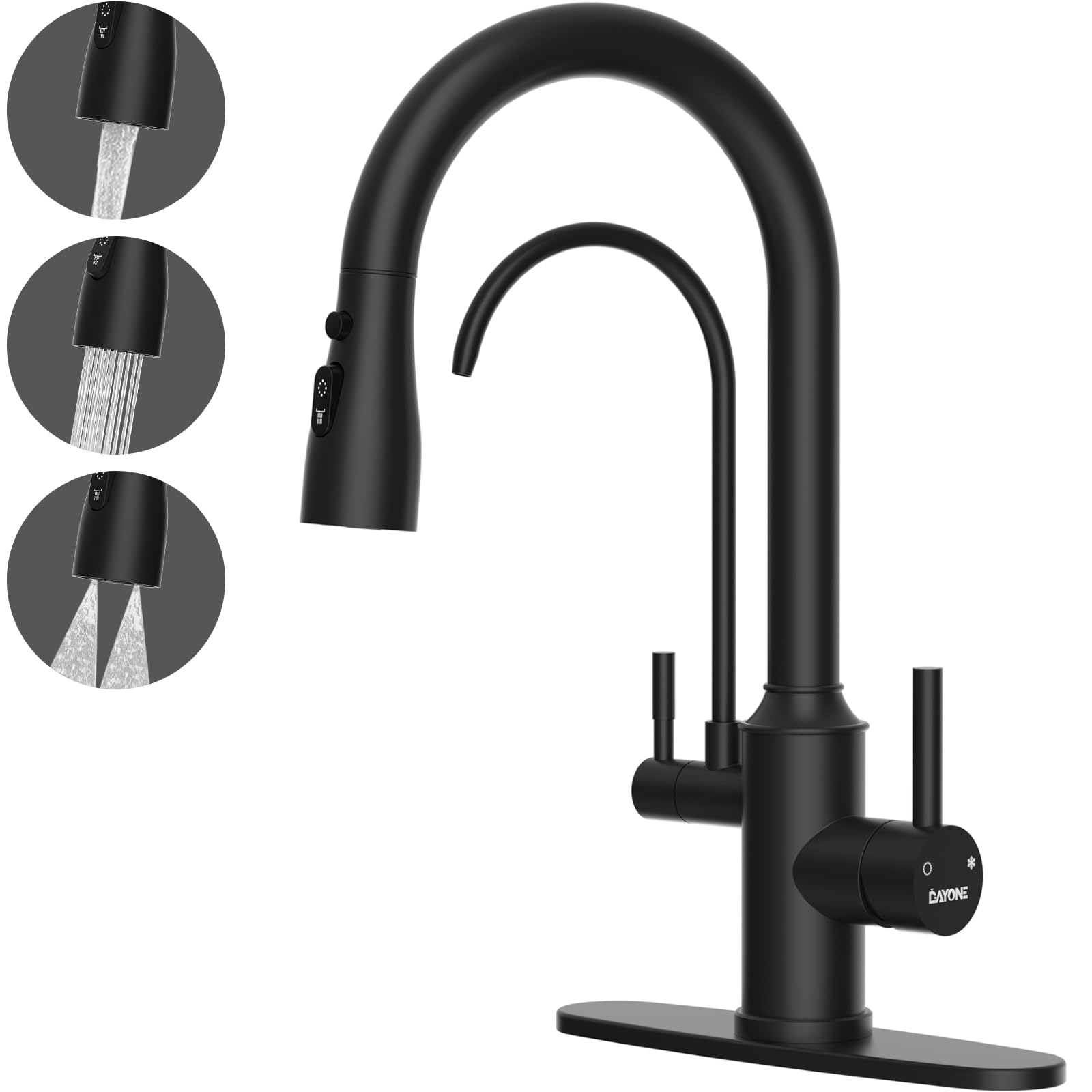 Dayone Kitchen Faucet With Drinking Purfied Water Faucet Black, Stainless Steel 3 In 1 High Arc Sink Tap, 2-Handle 3-Way Pull Down Sprayer, (Without System)