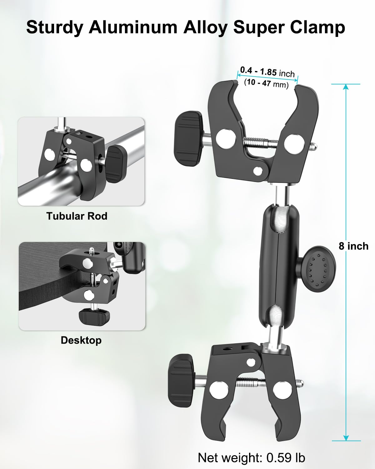 Dosvsi Double Super Clamp Camera Mount, [With 1/4" Screw Holes] Metal Adjustable Dual-Heads Clip With Magic Arm, Heavy Duty Pole Clamp Holder For Photography/Light Stand/Tripod/Studio/Selfie Stick