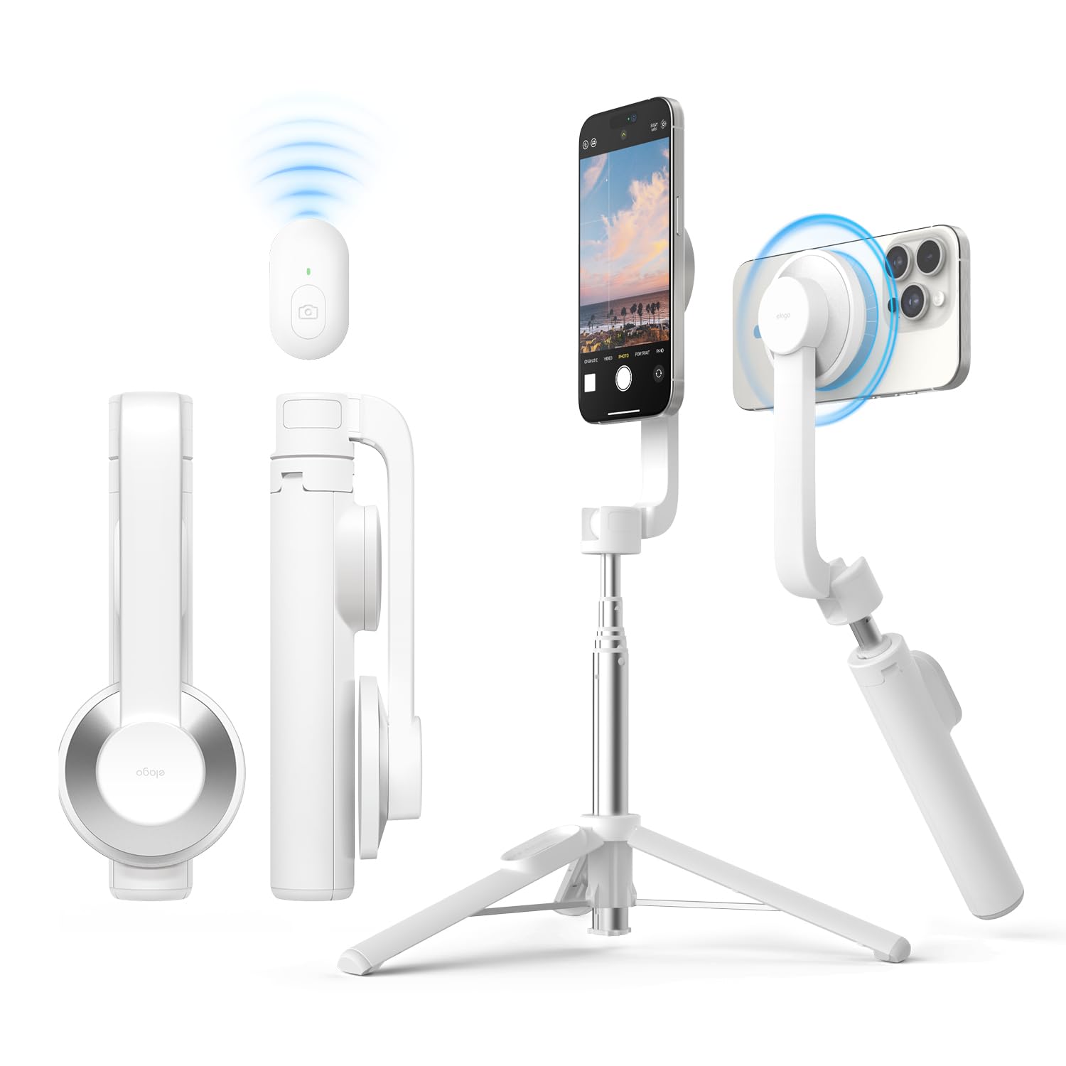 Elago Magnetic Selfie Stick Tripod Compatible With Magsafe For Iphone And Galaxy, Strong Magnetism, Portable, Lightweight, Extendable [Pouch, Bluetooth Remote, Guide Sticker Included] [White]