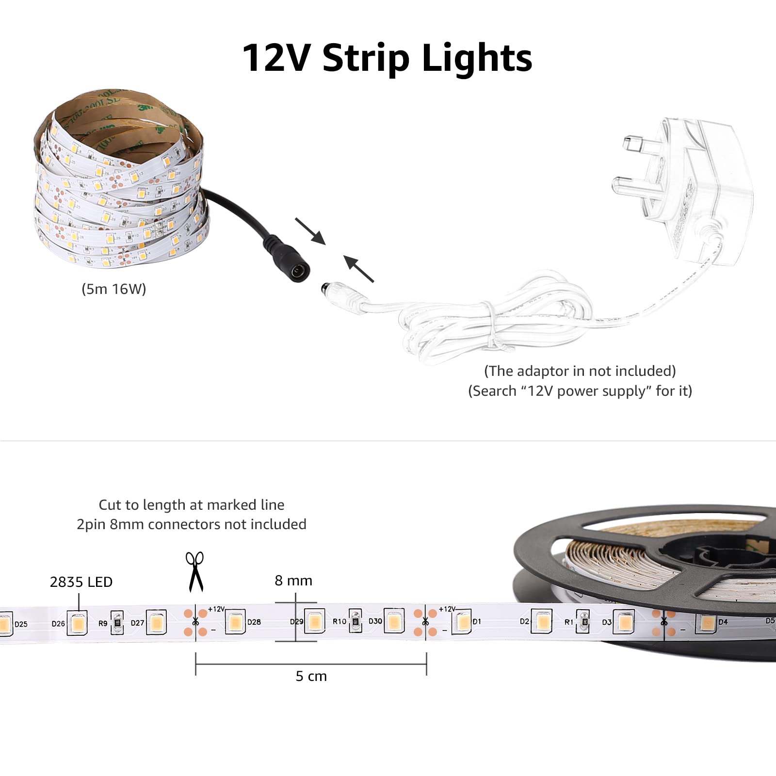 Lepro 12V Led Strip Light, Flexible, Smd 2835, 300 Leds, 32.8Ft Tape Light For Home, Kitchen, Party, Christmas And More, Non-Waterproof, Daylight White, Pack Of 2(Not Include Power Adapter)