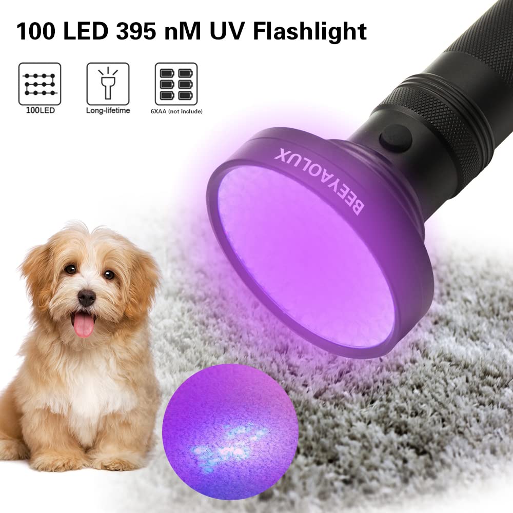 Beeyaolux Uv Black Light Flashlight, 100 Led #1 Uv Light For Home & Hotel Inspection, Pet Urine & Stains - Ultra Intensity 18W 385-395Nm Leds Spot Counterfeit Money, Leaks, Fissure,Scorpions
