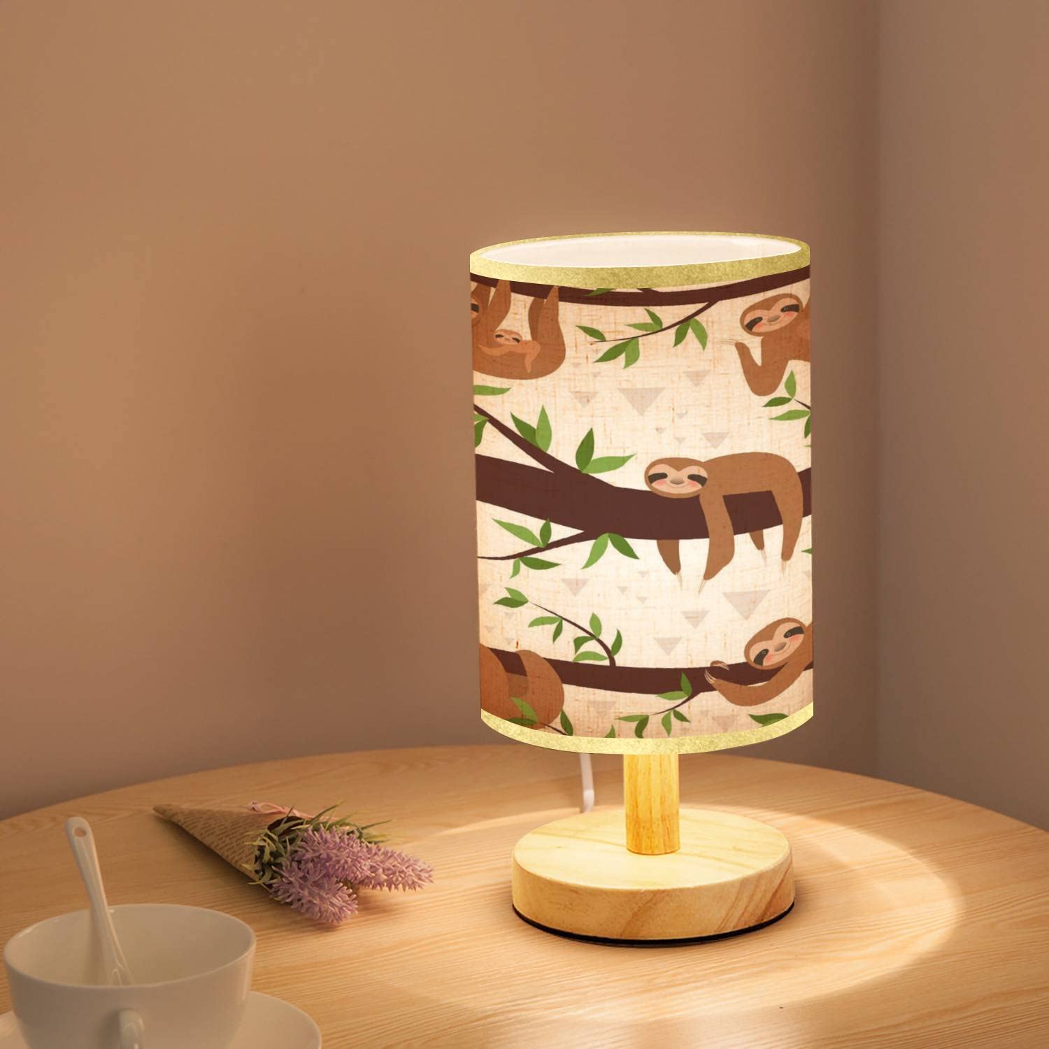 Lopyeijfg Minimalist Bedside Table Lamp Sloth Seamless Cute Little Sleepy Baby Animal Wood Nightstand Lamp Bedside Desk Lamp Wood Base Flaxen Fabric Shade For Bedroom Living Room 5.5X11Inch
