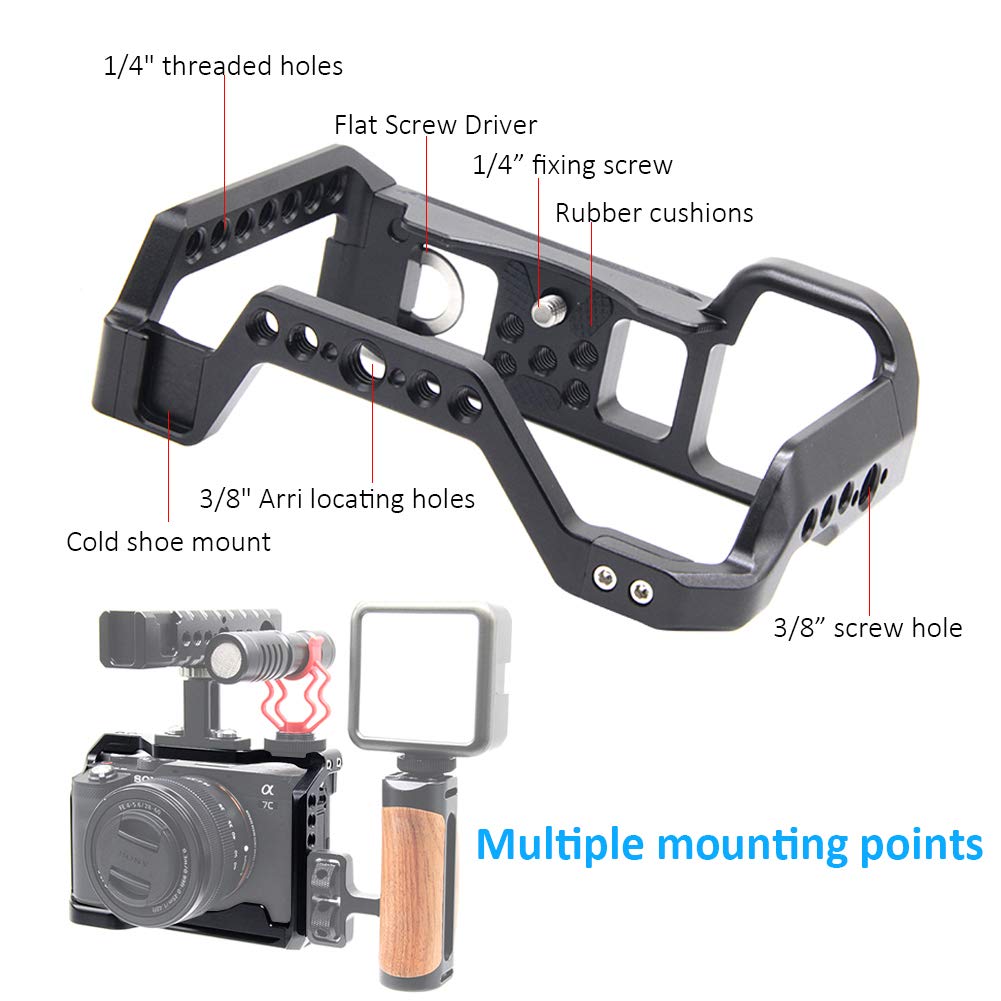 Easy Hood Camera Cage For Sony Alpha 7C / A7C / Ilce-7C, Vlogging Video Camera Rig Stabilizer With Built-In Cold Shoe, 1/4" Mounting Points And 3/8" Locating Hole