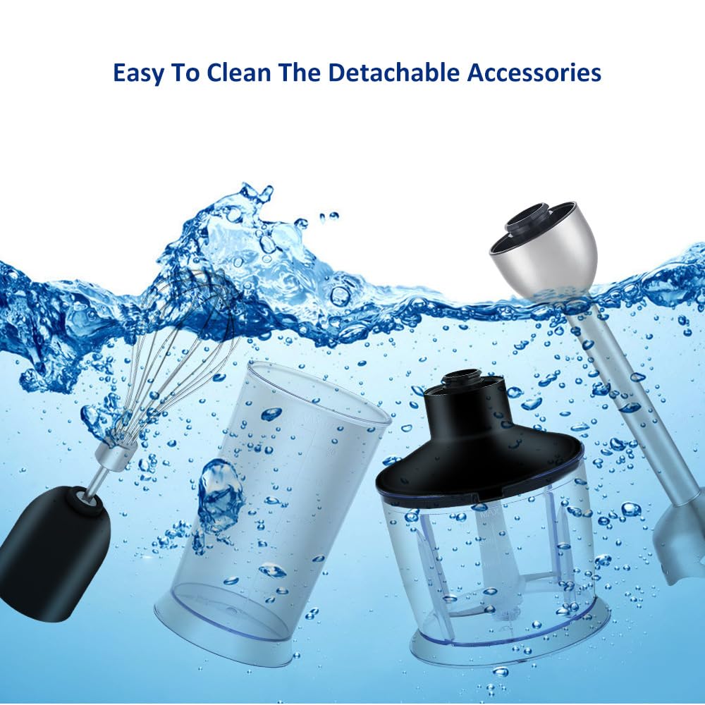 Vovewan 4 In1 Immersion Blender Handheld 304 Stainless Steel Blades, 5 Speed & 3-Angle Adjustable Chopper Beaker Whisk And Beater For Milkshakes Smoothies Soup Baby Food
