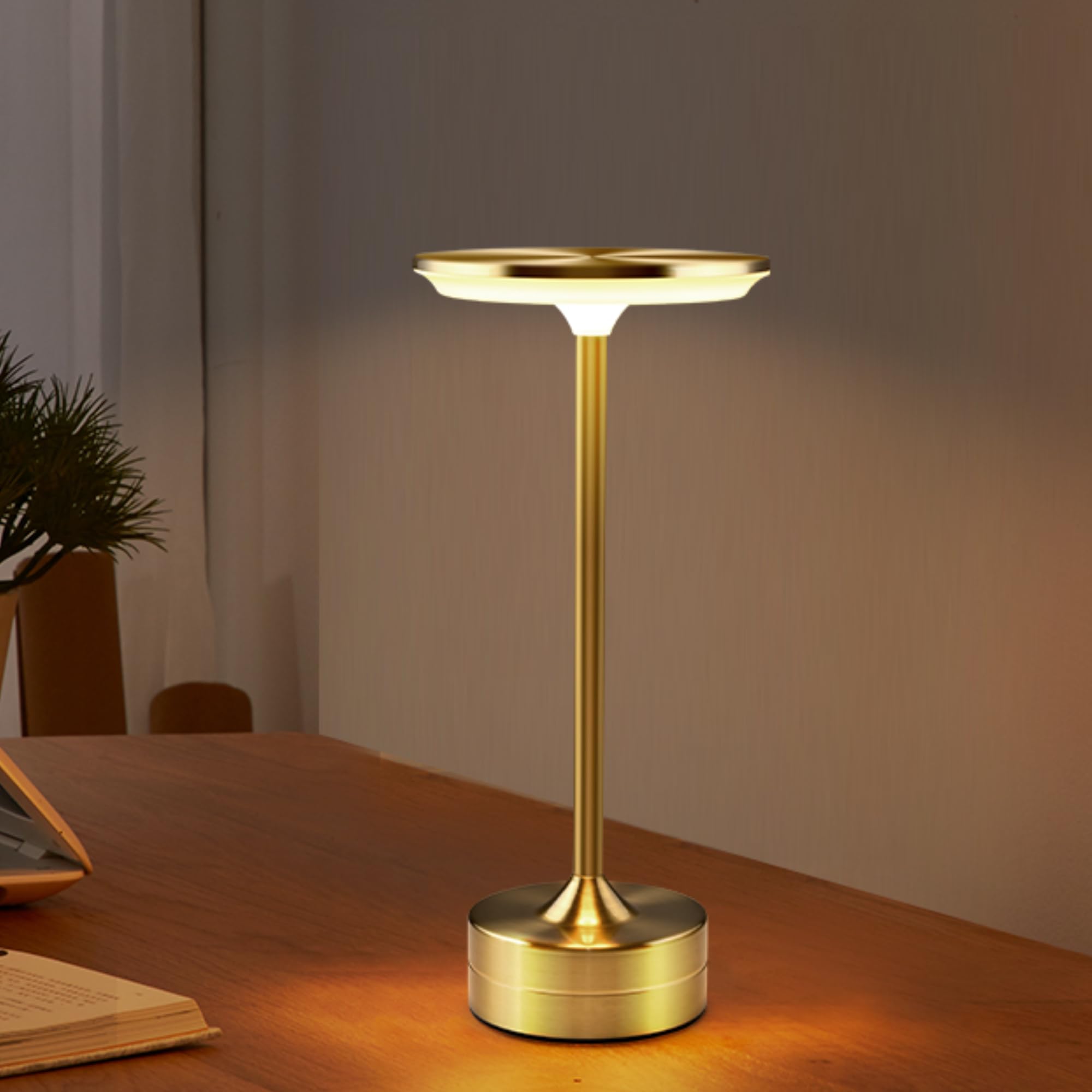 Hiseego Portable Cordless Table Lamp W/ Touch Sensor, 3-Color Dimming, Cordless Rechargeable Battery Operated For Kids Nursery, Rechargeable Lamp For Outdoor Patio Bar Restaurants Bedroom Bedside (Gold)