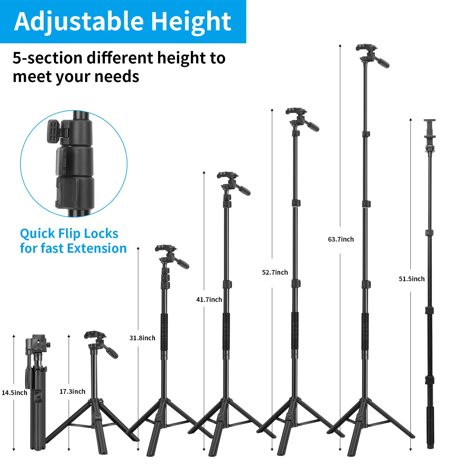 Qzsd 64" Phone Selfie Stick Tripod - Extendable 3 In 1 Aluminum Cell Phone Tripod Stand With Wireless Remote, Lightweight Phone Holder, Portable Travel Tripod For Phone Camera