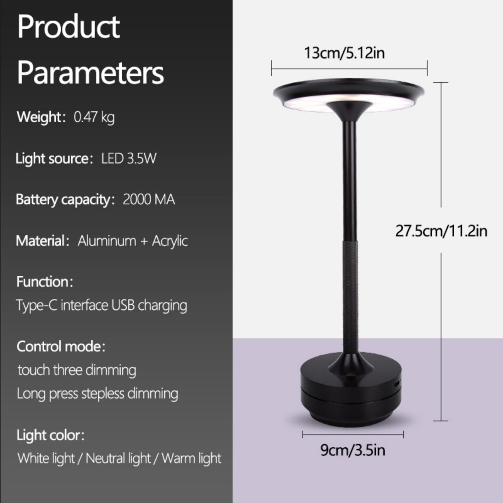 Jsxl Black Rechargeable Cordless Table Lamp, Battery Operated Table Lamp, Stepless Dimming Small Table Lamp, Led Table Lamps For Indoor/Outdoor, Living Room Kitchen Patio, 2 Pcs