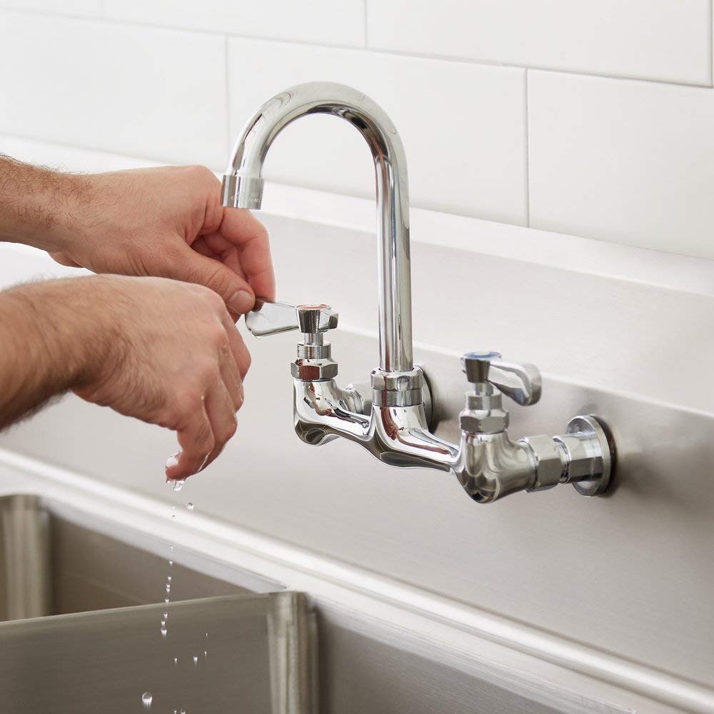 Royal Britania Commercial Wall Mount Kitchen Sink Faucet, 8 Inch Centers, Gooseneck Nozzle, Chrome Finish