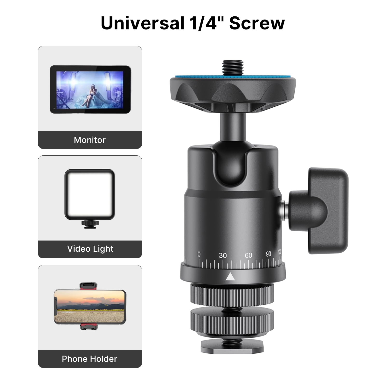 Rubesee Mini Ball Head, Panoramic Camera Tripod Head With 1/4" Screw Shoe Mount, 360 Rotatable Metal Adapter For Dslr Camera Tripods Monopods Camcorder Light Microphone Photography, Max Load 5.5Lbs