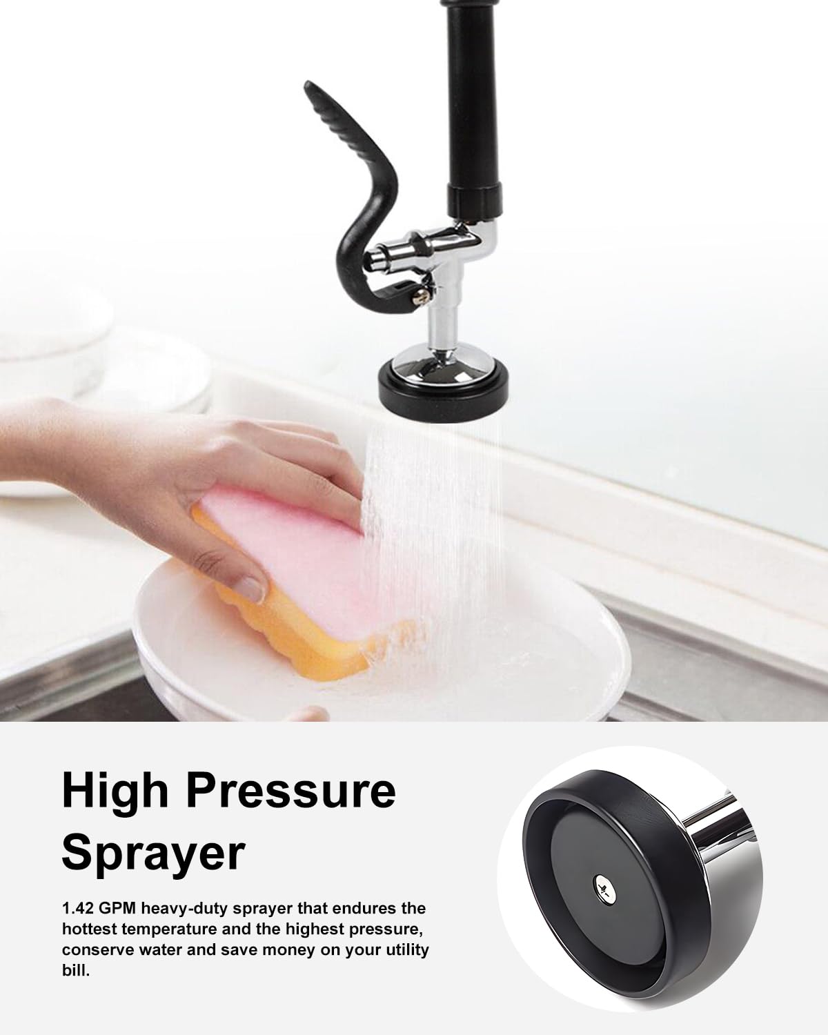 Qanbain Commercial Sink Faucet,Commercial Faucet With Sprayer Adjustable Center Wall Mounted Restaurant Faucets,12" Spout Andpull-Down Pre-Rinse 25” Height Suitable For 1, 2 Or 3 Sinks