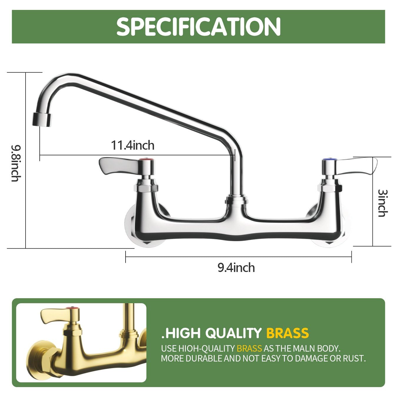 Tolsuny Wall Mount Kitchen Faucet, Commercial Sink Faucet With 12-Inch Swivel Spout, Brass Dual Handle Utility Laundry Faucet, Chrome Gooseneck Spout, For Laundry Room Restaurant Compartment Sink