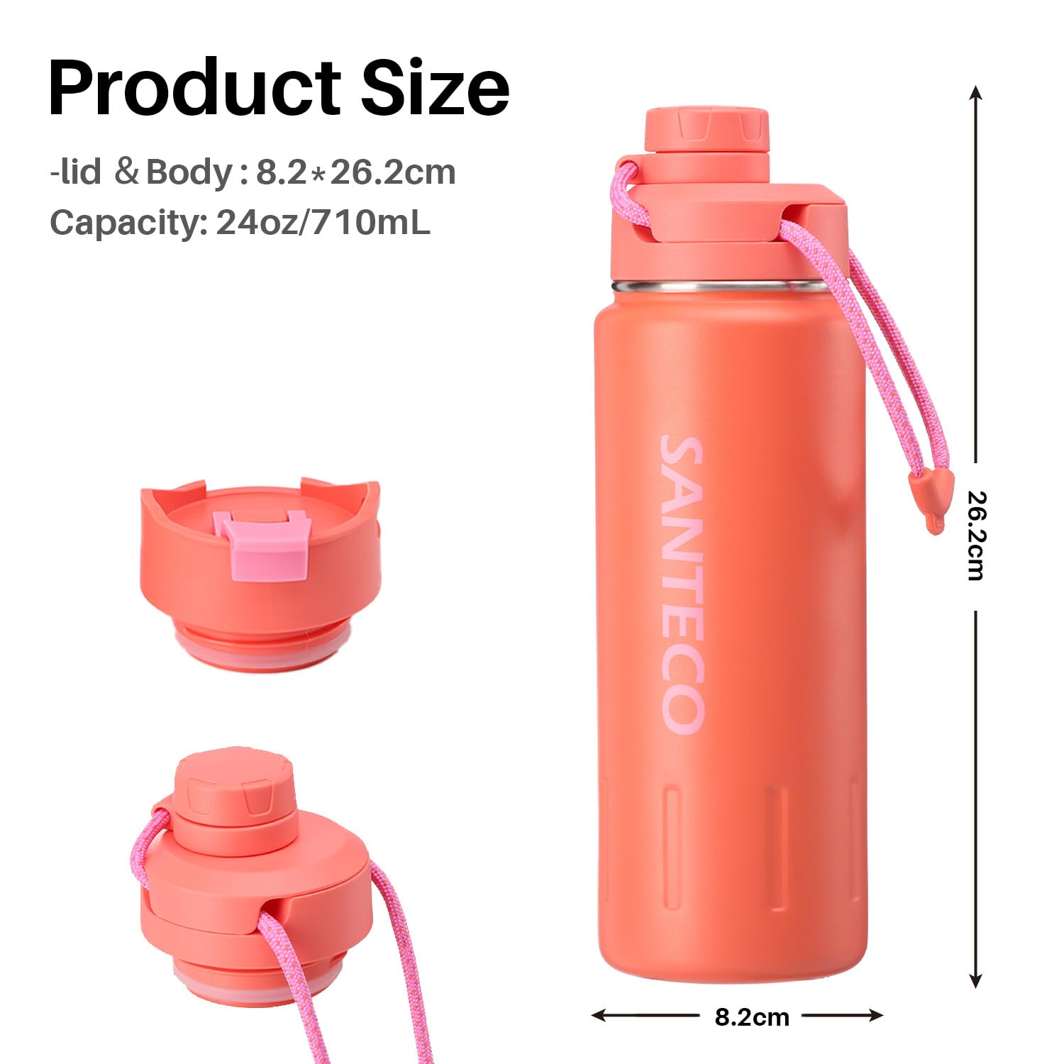 Insulated Water Bottles 24 Oz, Santeco Stainless Steel Bottle With Lanyard & Wide Mouth Spout Lid