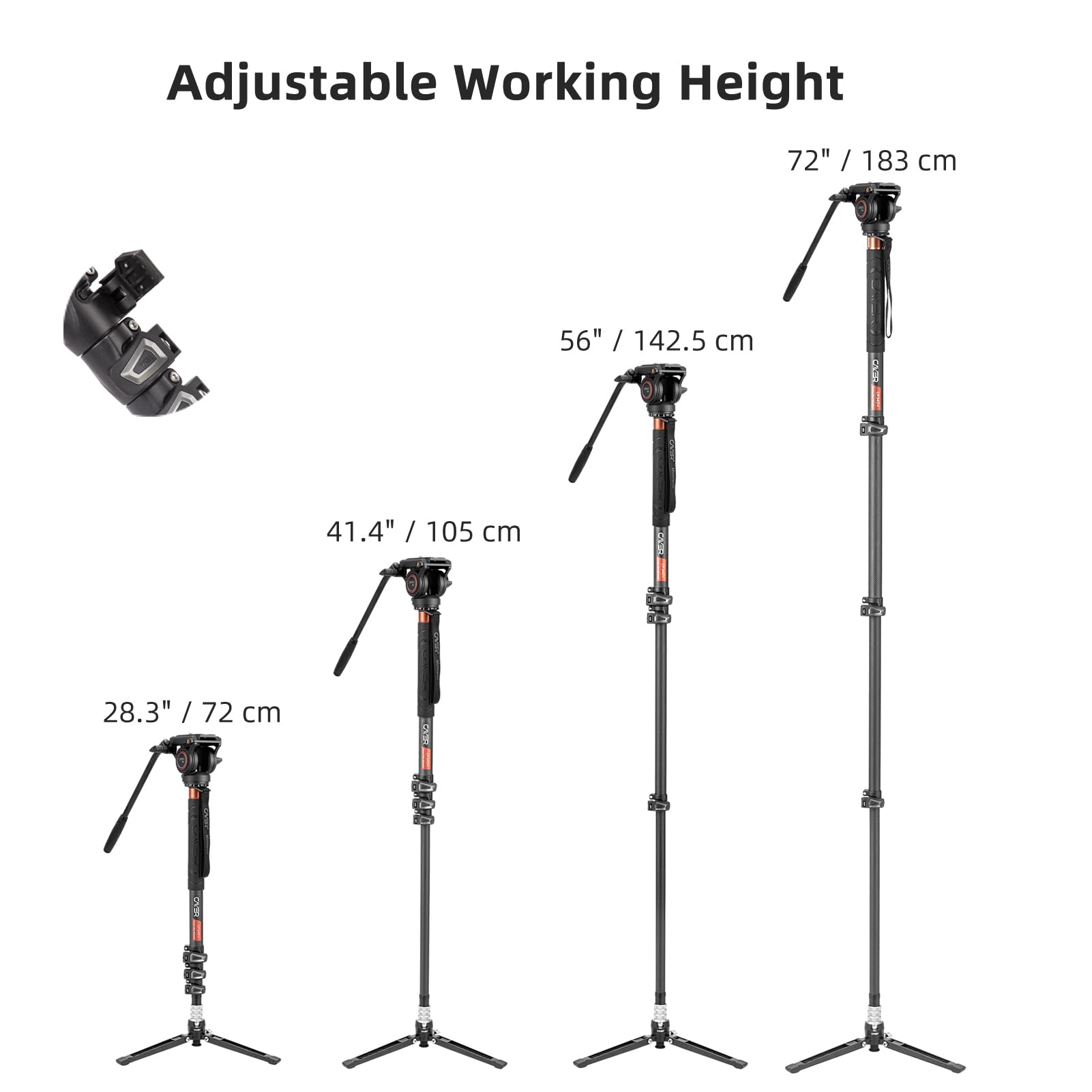 Cayer Cf34 Carbon Fiber Camer Monopod Kit, 72 Inch Professional Telescopic Video Monopods With Video Fluid Head And Folding Support Base For Dslr Video Cameras Camcorders, Plus 1 Extra Sliding Plate