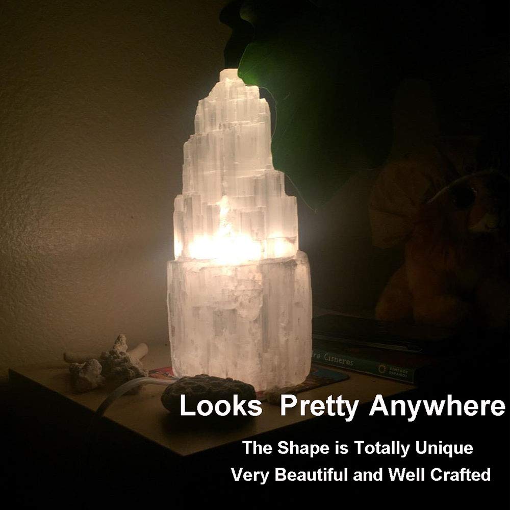 Jic Gem Natural Selenite Lamp 8" White Selenite Crystal Rock Lamps With Switch Cord And Bulb